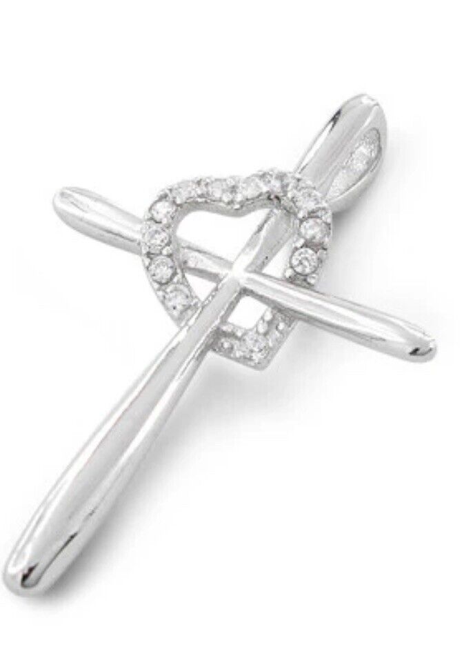 Sterling Silver Cross Heart CZ Pendant Necklace