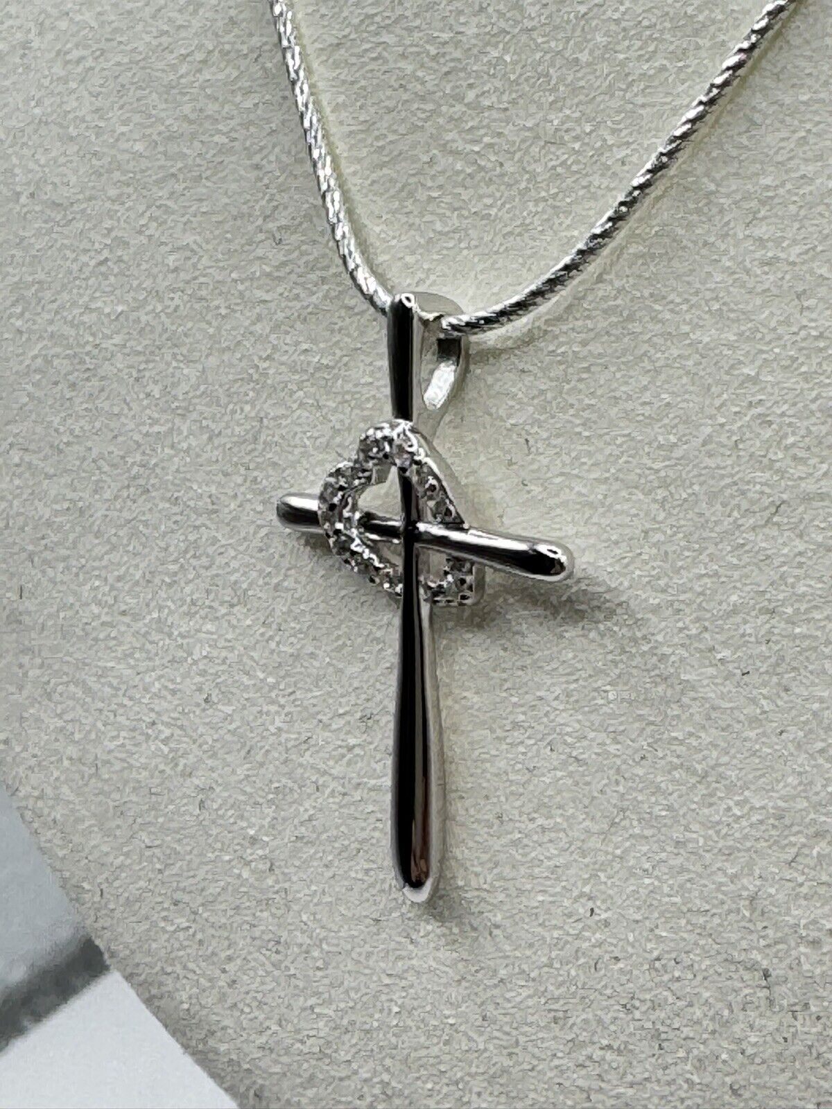 Sterling Silver Cross Heart CZ Pendant Necklace