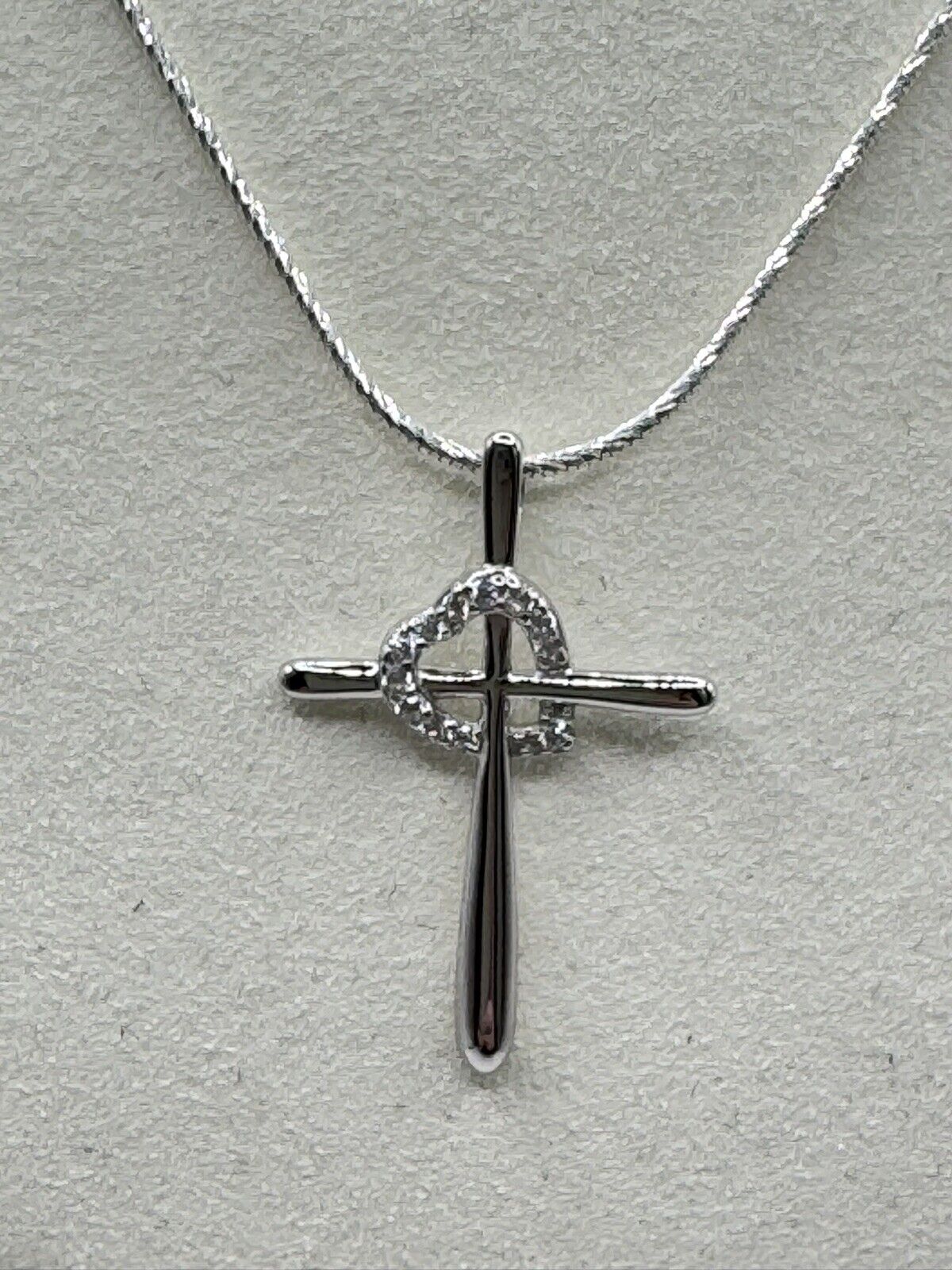 Sterling Silver Cross Heart CZ Pendant Necklace