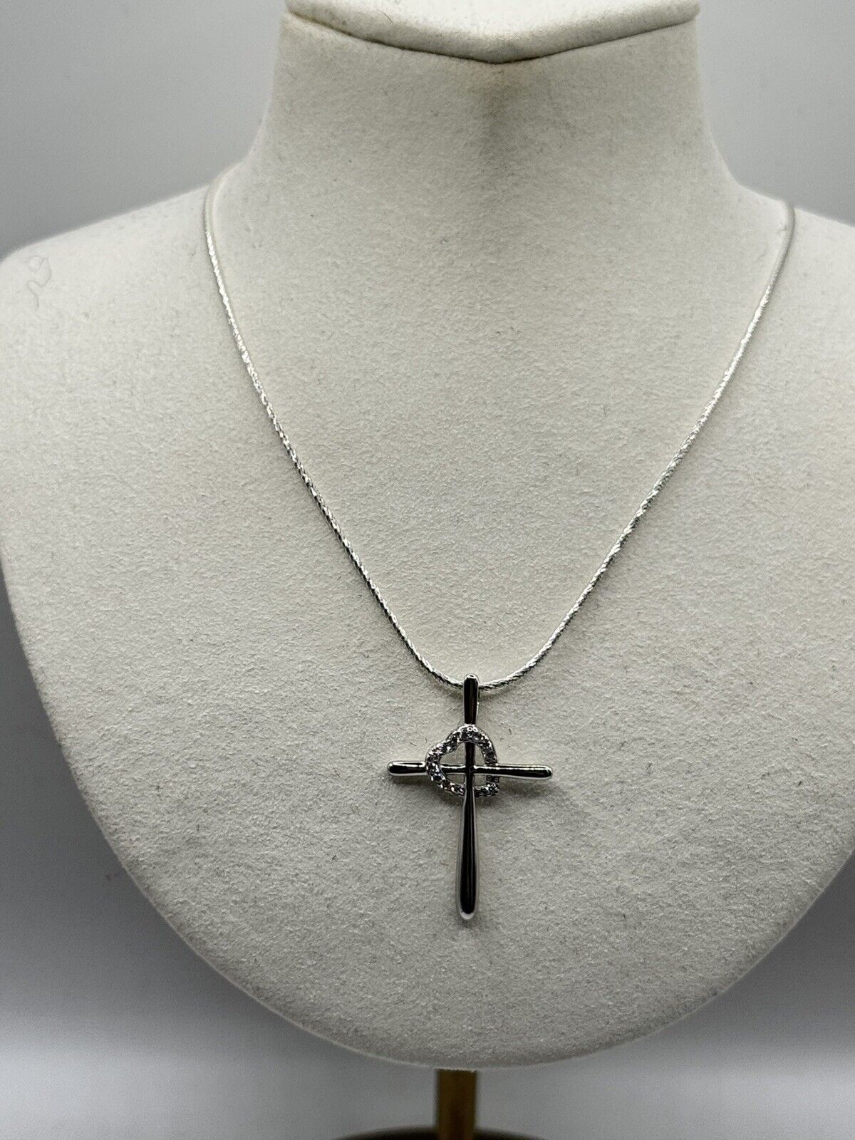Sterling Silver Cross Heart CZ Pendant Necklace