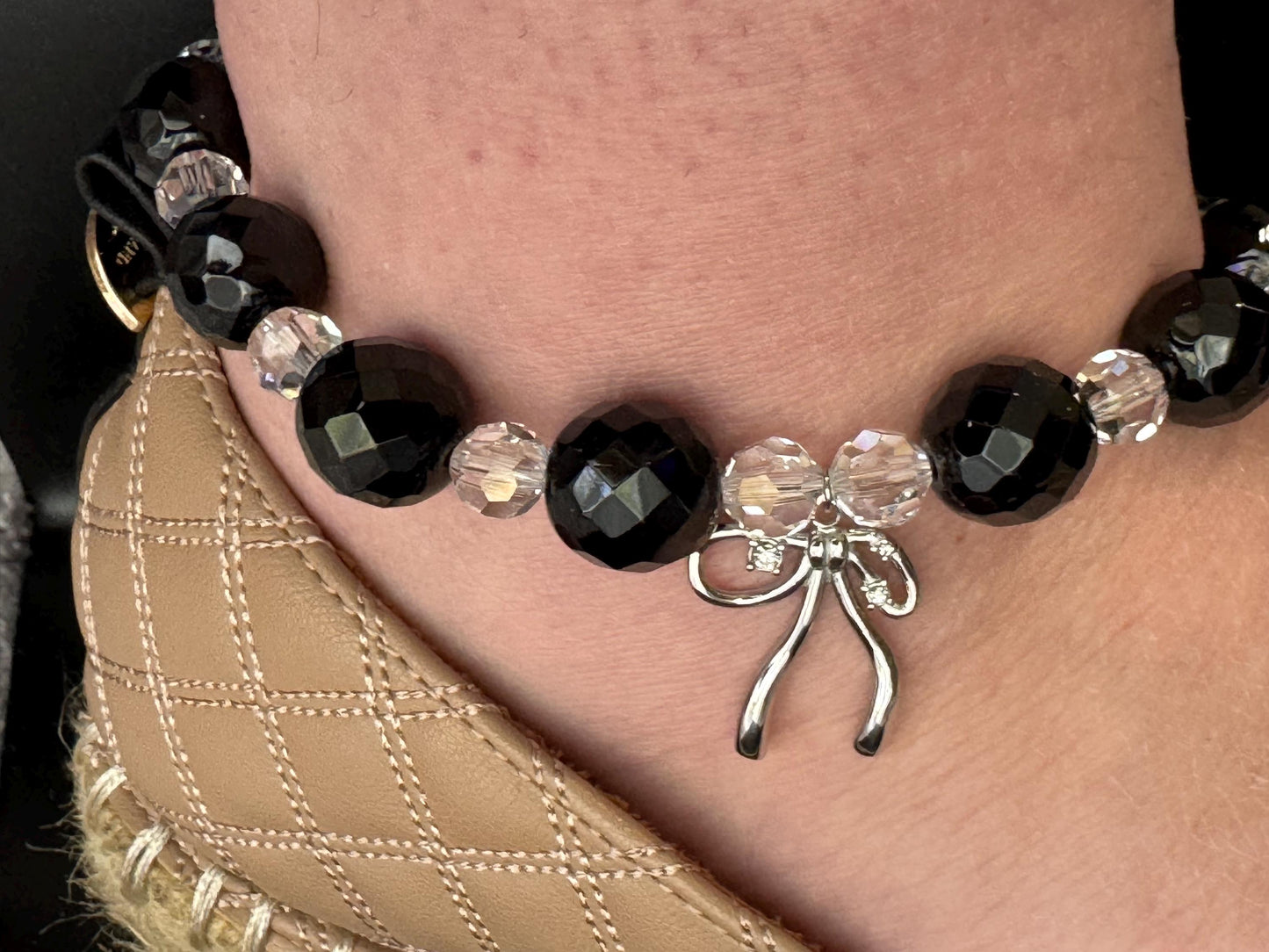Black Beaded Anklet with Swarovski Crystals and Silver Bow Charm – Elegant Handmade Jewelry for Women, Gift for Her”