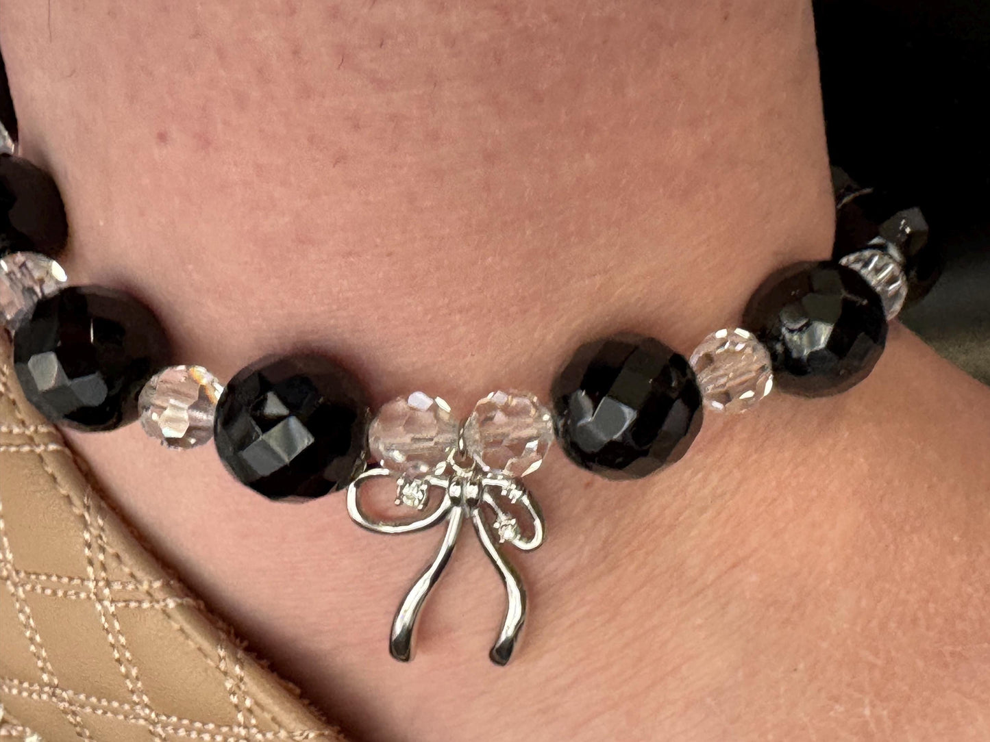 Black Beaded Anklet with Swarovski Crystals and Silver Bow Charm – Elegant Handmade Jewelry for Women, Gift for Her”