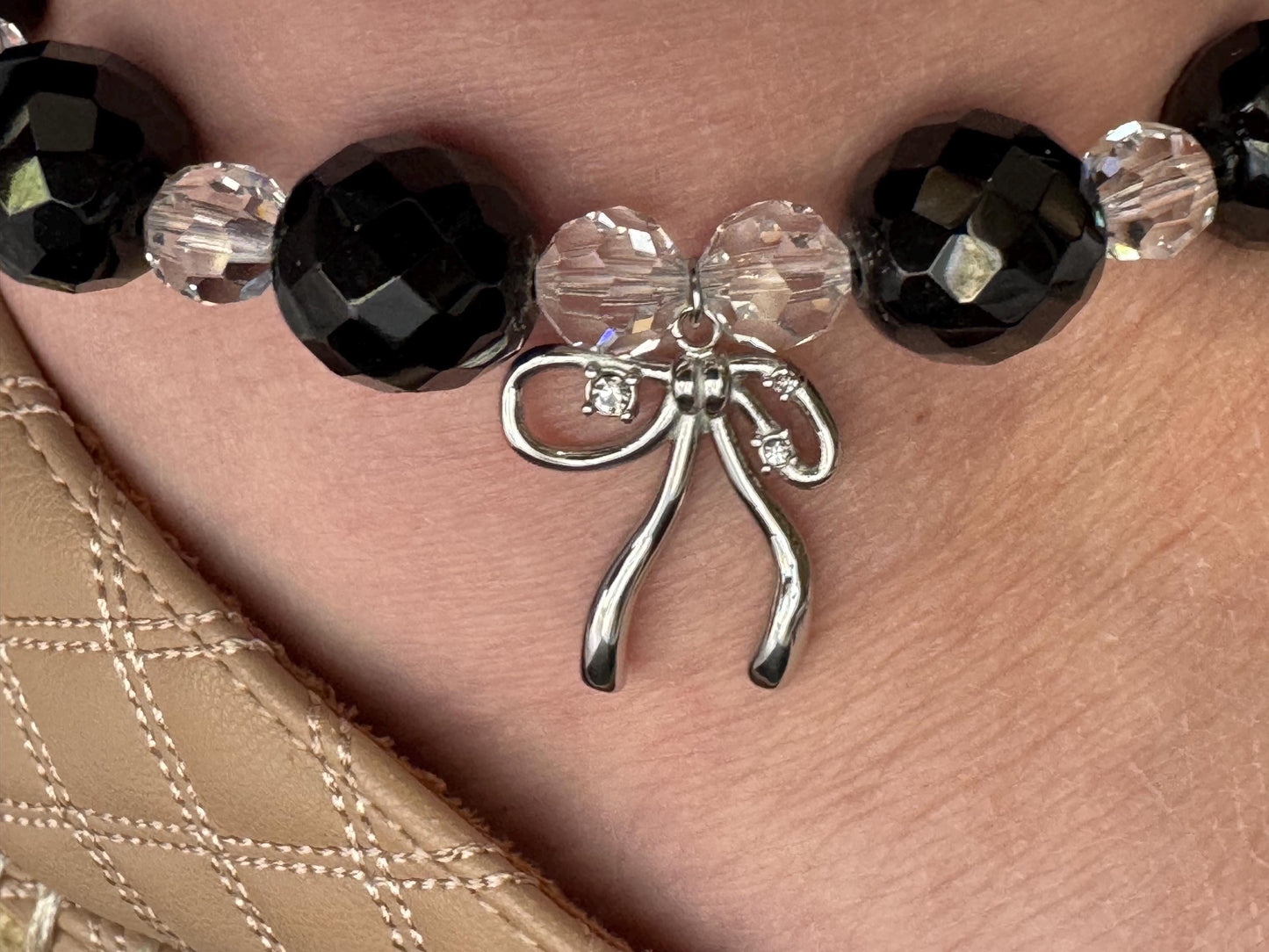 Black Beaded Anklet with Swarovski Crystals and Silver Bow Charm – Elegant Handmade Jewelry for Women, Gift for Her”