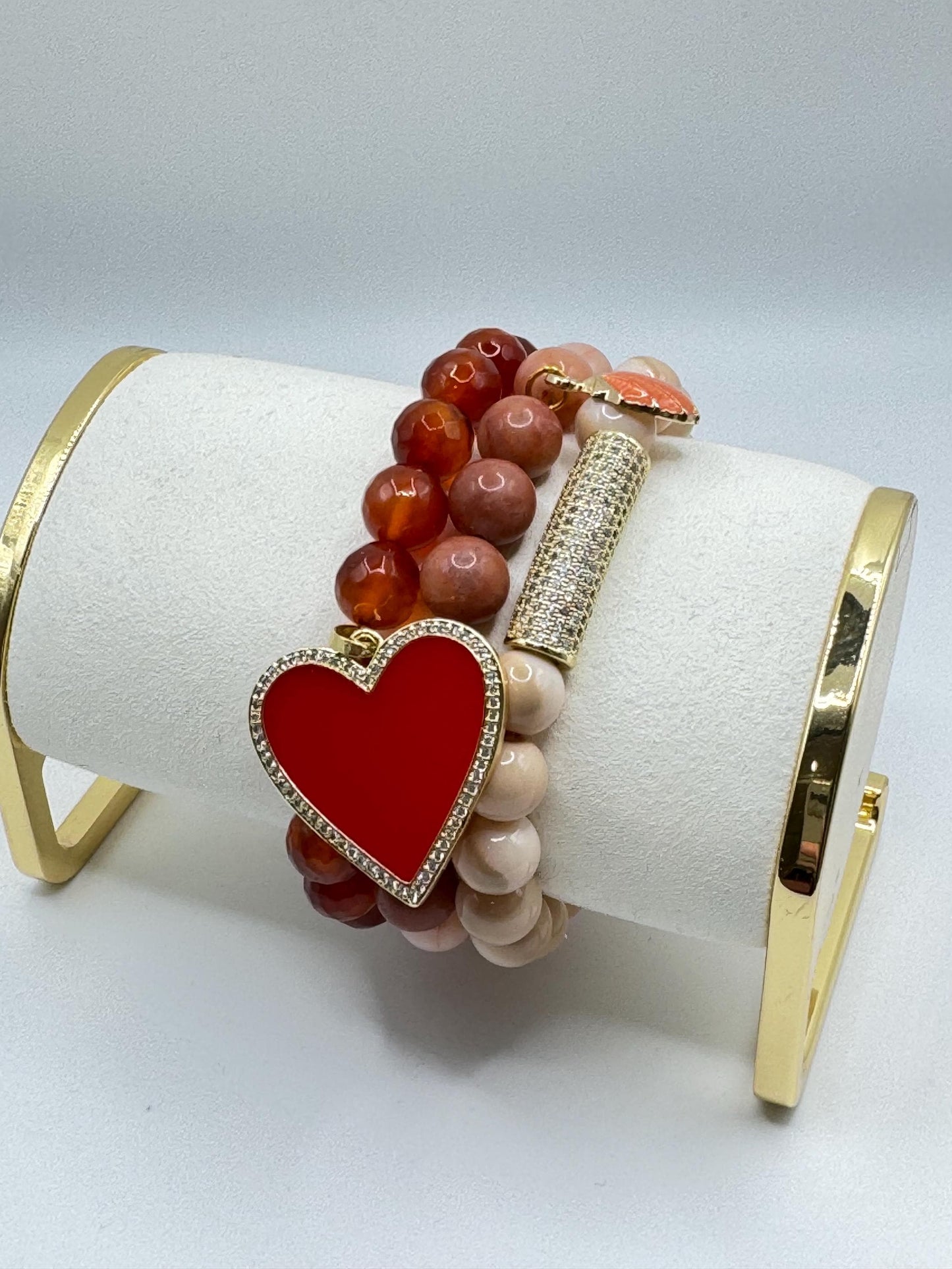 Elegant Red Beaded Bracelet with Gold Heart Pendant – Luxe Handmade Gift for Women, Statement Jewellery