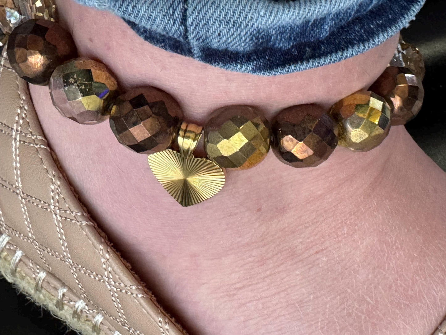 Gold Beaded Anklet with Heart Charm – Bronze Crystal Stretch Anklet for Women, Handmade Foot Jewellery Gift