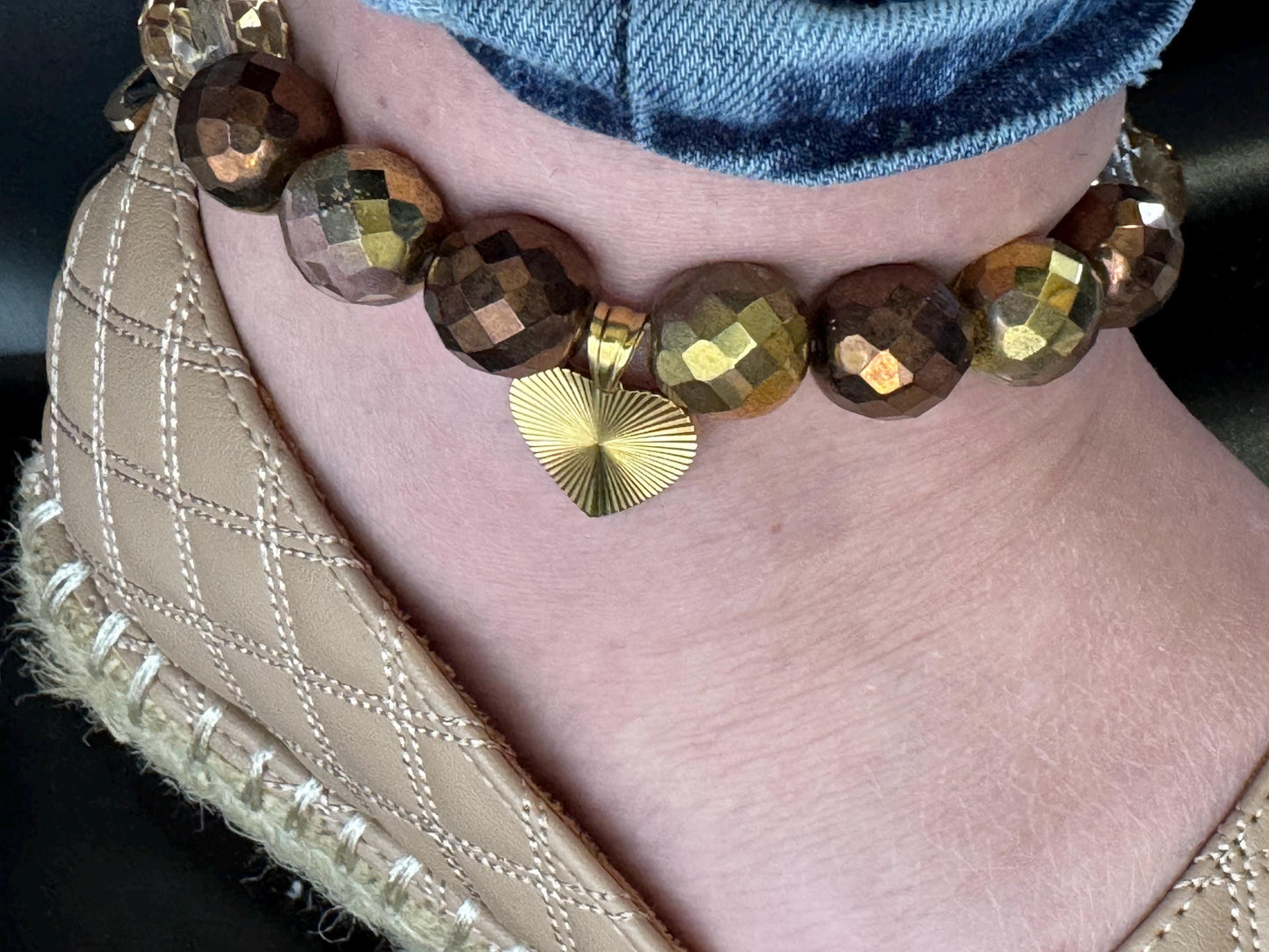 Gold Beaded Anklet with Heart Charm – Bronze Crystal Stretch Anklet for Women, Handmade Foot Jewellery Gift