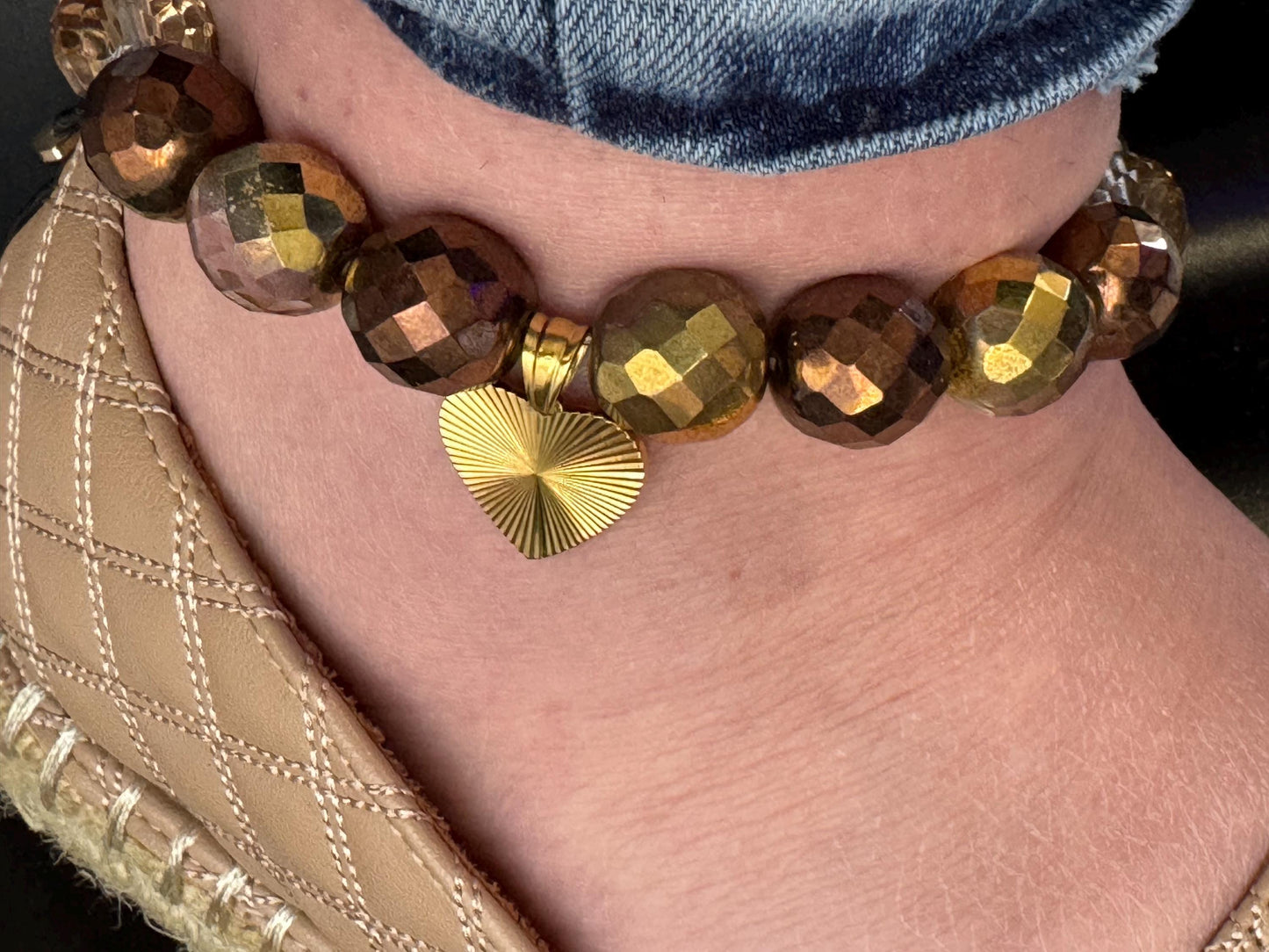 Gold Beaded Anklet with Heart Charm – Bronze Crystal Stretch Anklet for Women, Handmade Foot Jewellery Gift