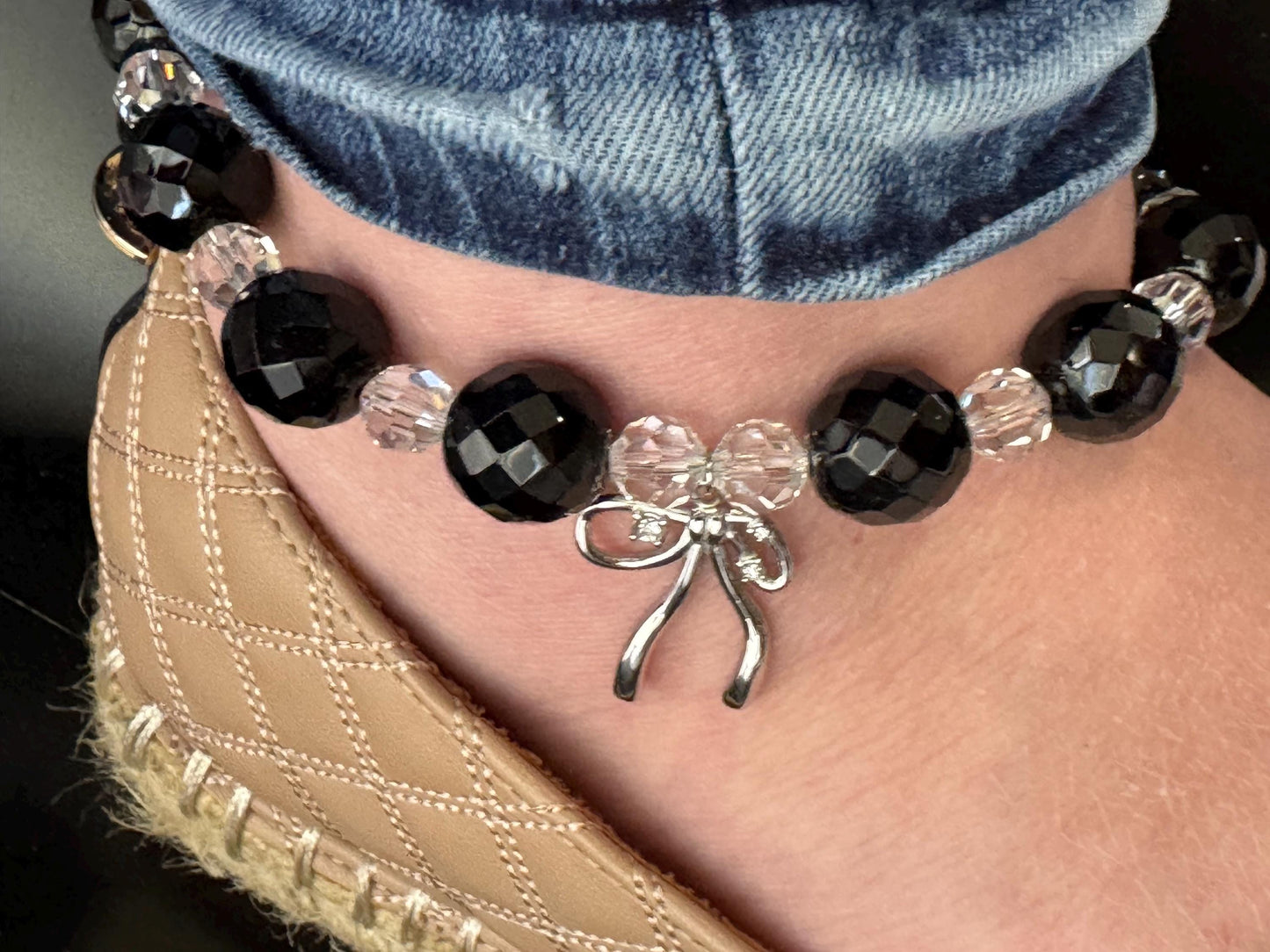 Black Beaded Anklet with Swarovski Crystals and Silver Bow Charm – Elegant Handmade Jewelry for Women, Gift for Her”