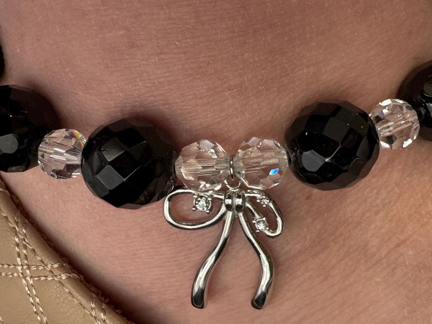 Black Beaded Anklet with Swarovski Crystals and Silver Bow Charm – Elegant Handmade Jewelry for Women, Gift for Her”