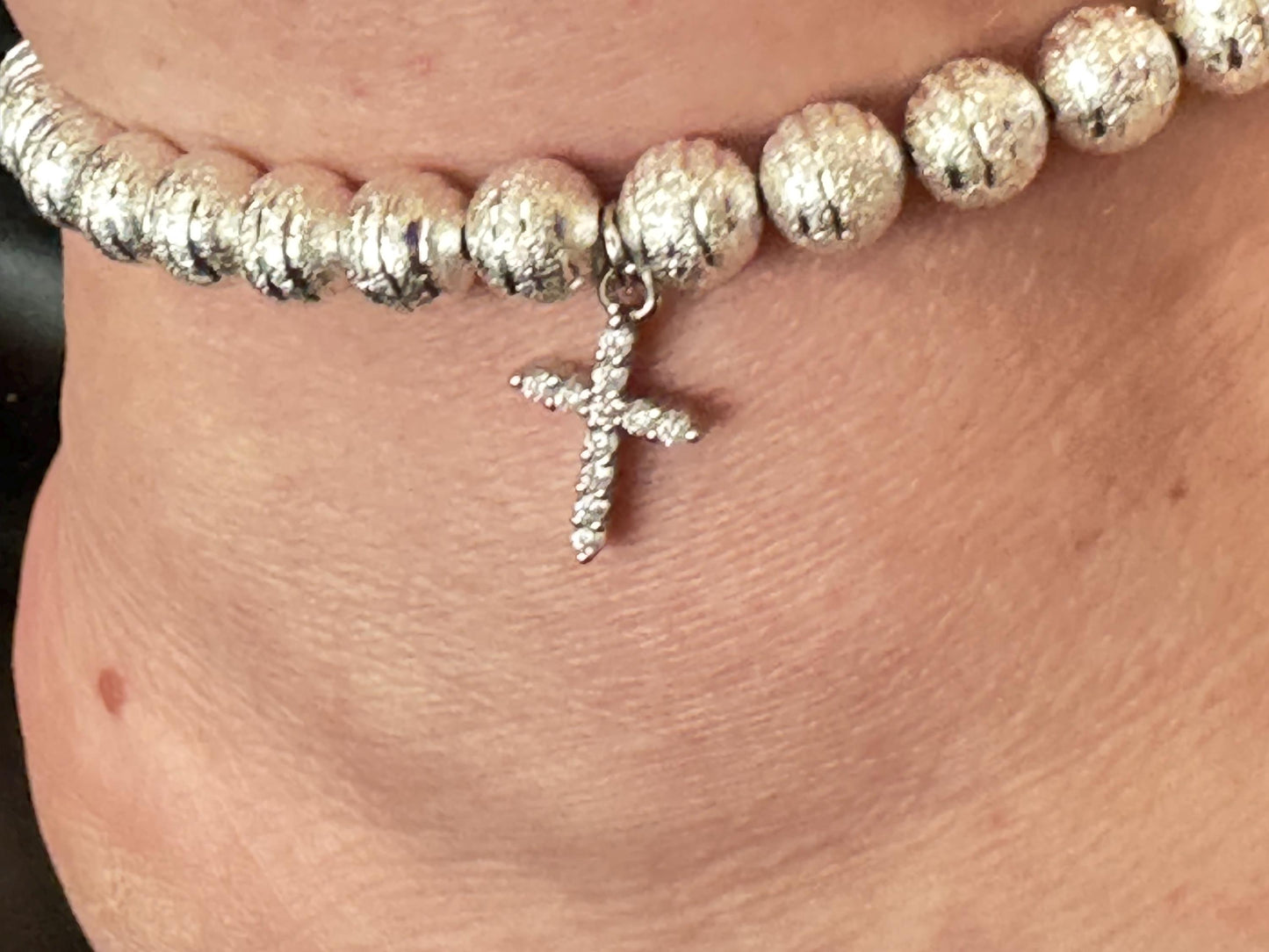 Silver Beaded Anklet with Rhinestone Cross Charm, Religious Ankle Bracelet, Christian Jewellery, Sparkly Summer Footwear Accessory