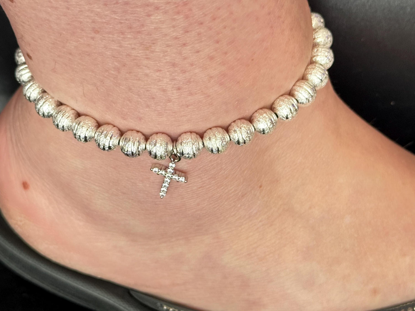 Silver Beaded Anklet with Rhinestone Cross Charm, Religious Ankle Bracelet, Christian Jewellery, Sparkly Summer Footwear Accessory