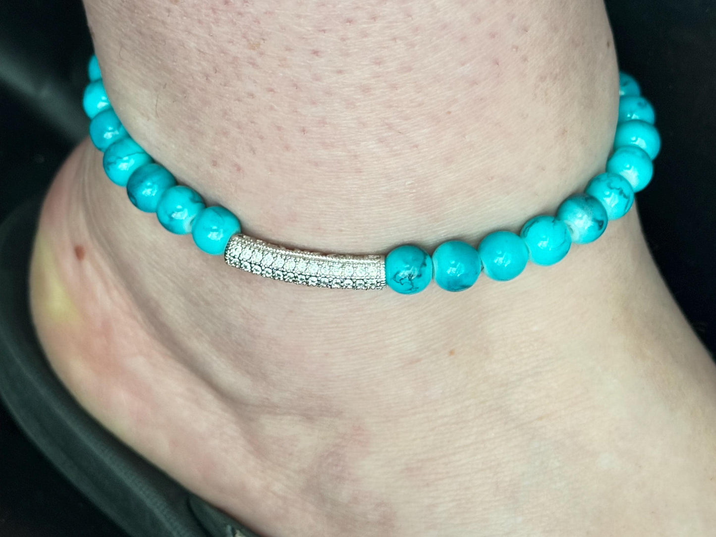 Turquoise Beaded Anklet with Crystal Bar | Summer Beach Jewelry | Stretch Anklet for Women | Boho Style Foot Bracelet