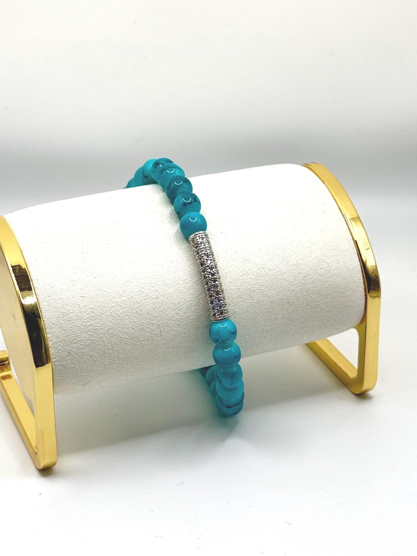 Turquoise Beaded Anklet with Crystal Bar | Summer Beach Jewelry | Stretch Anklet for Women | Boho Style Foot Bracelet