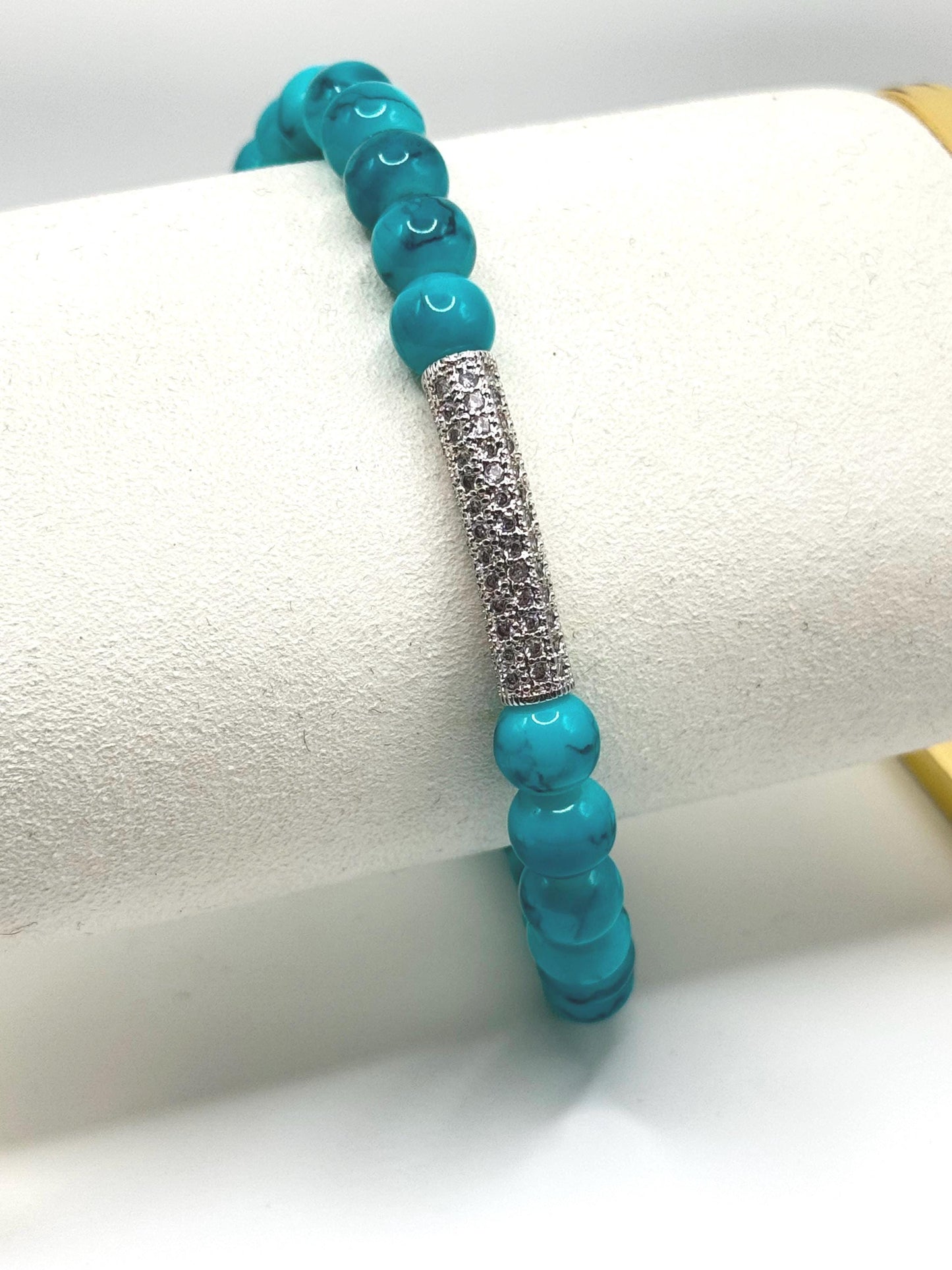 Turquoise Beaded Anklet with Crystal Bar | Summer Beach Jewelry | Stretch Anklet for Women | Boho Style Foot Bracelet