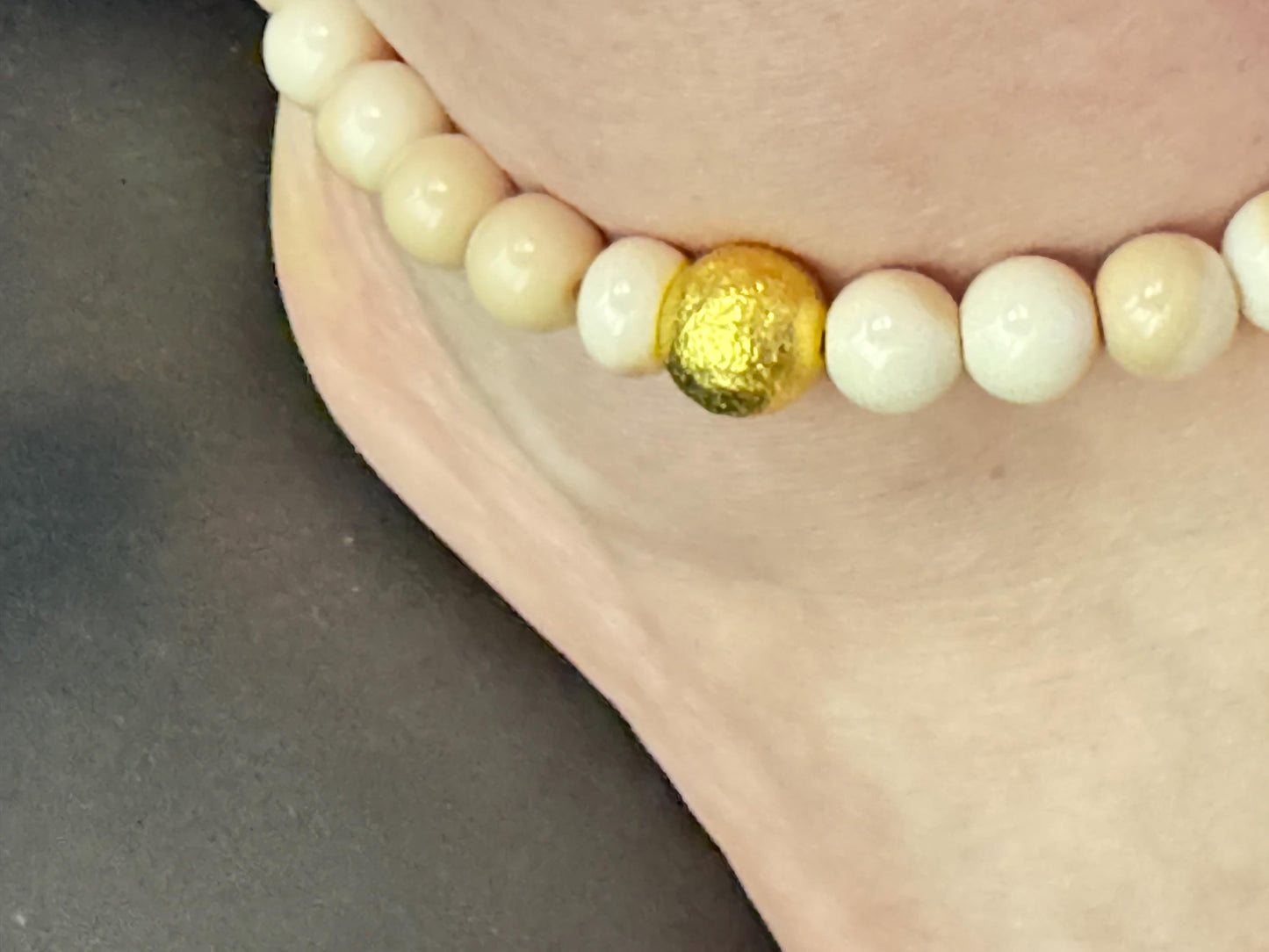 Handmade Beaded Anklet with Gold Accent Bead – Natural Creamy White Beads – Boho Minimalist Jewellery for Women
