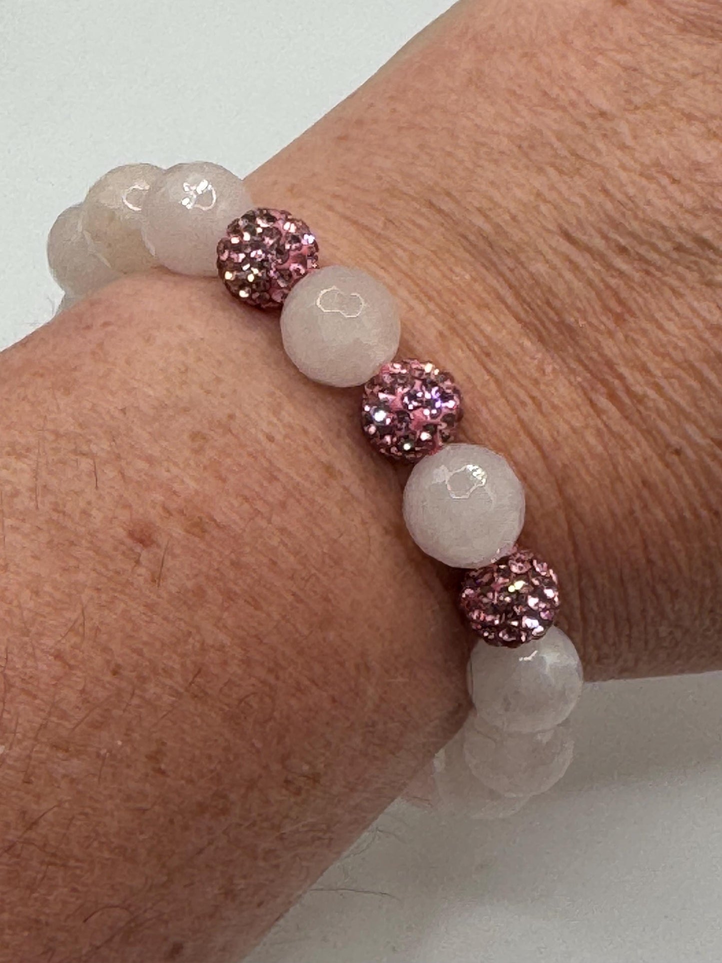 Handmade Pink and White Beaded Bracelet | Rose Crystal Rhinestone Sparkle Beads | Stretch Bracelet for Women | Gift for Her