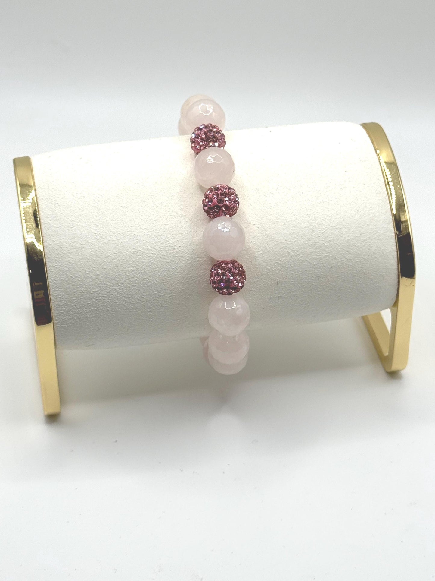 Handmade Pink and White Beaded Bracelet | Rose Crystal Rhinestone Sparkle Beads | Stretch Bracelet for Women | Gift for Her