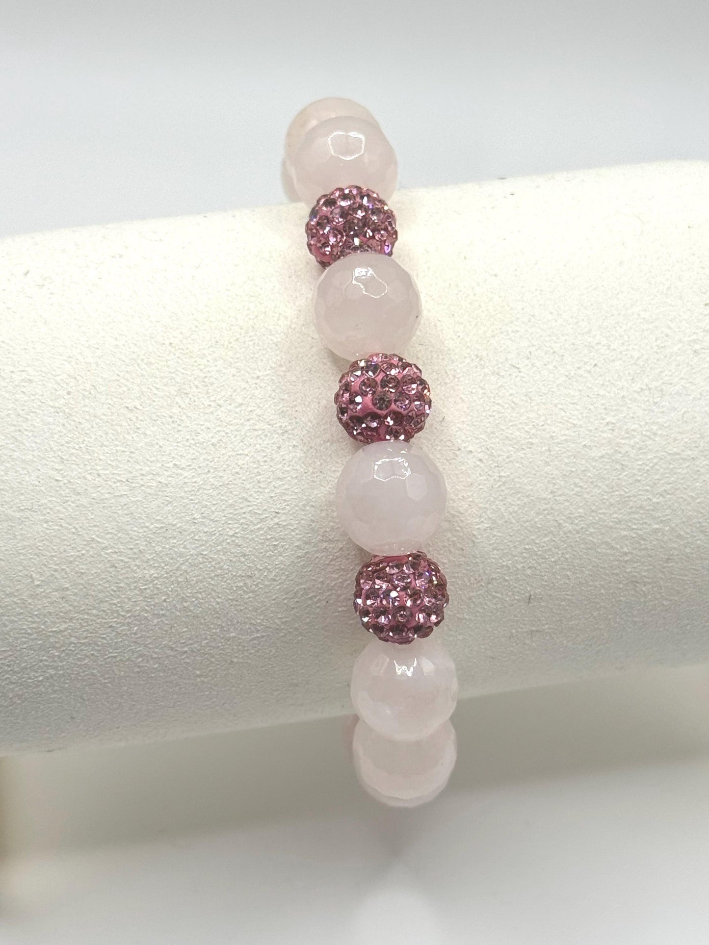 Handmade Pink and White Beaded Bracelet | Rose Crystal Rhinestone Sparkle Beads | Stretch Bracelet for Women | Gift for Her