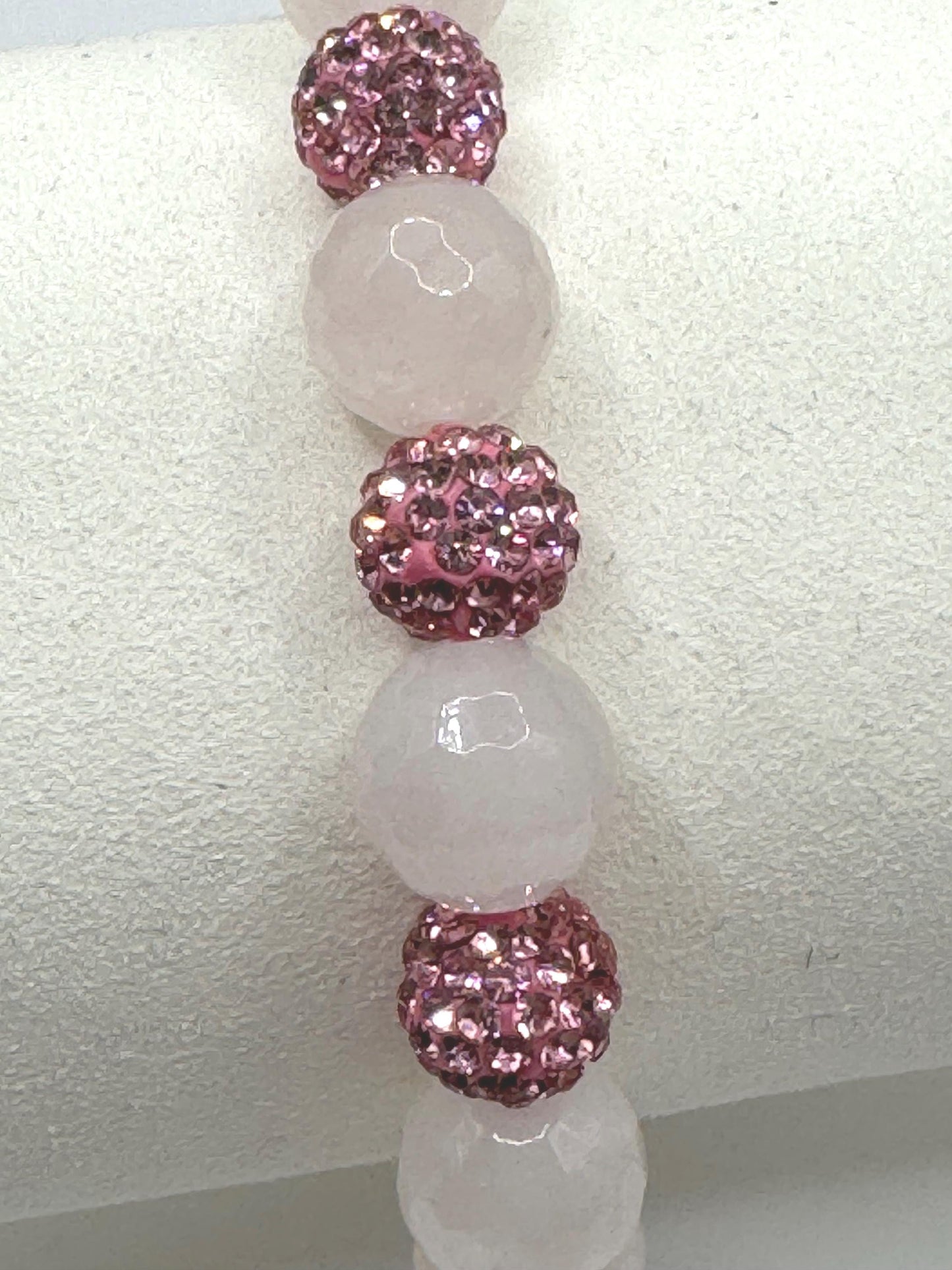 Handmade Pink and White Beaded Bracelet | Rose Crystal Rhinestone Sparkle Beads | Stretch Bracelet for Women | Gift for Her