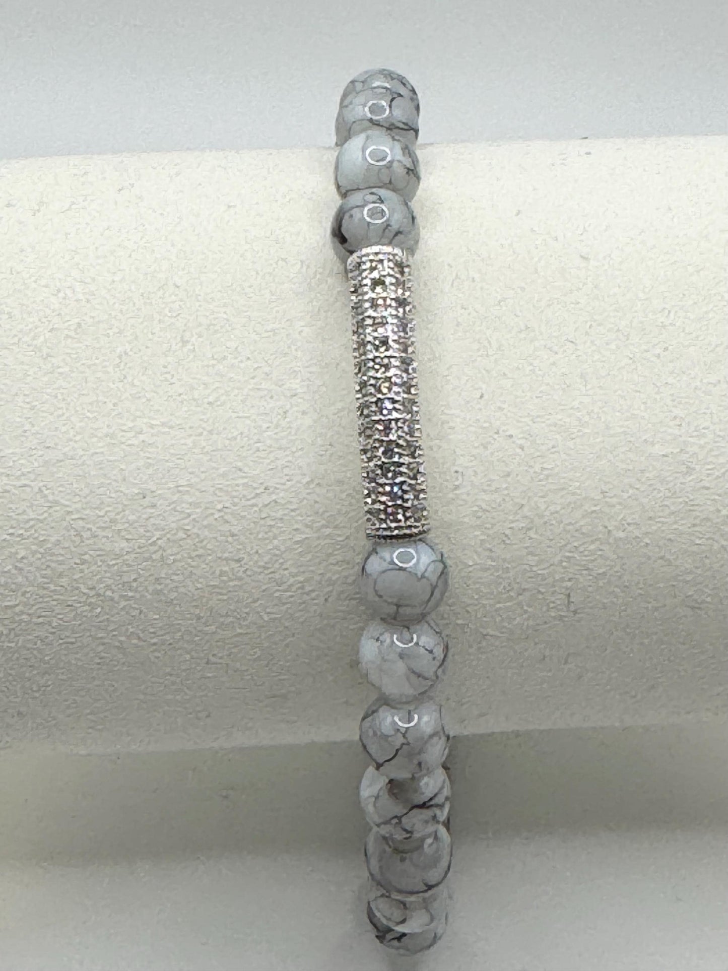 Grey Howlite Beaded Anklet with Silver Rhinestone Accent – Handmade Gemstone Jewelry