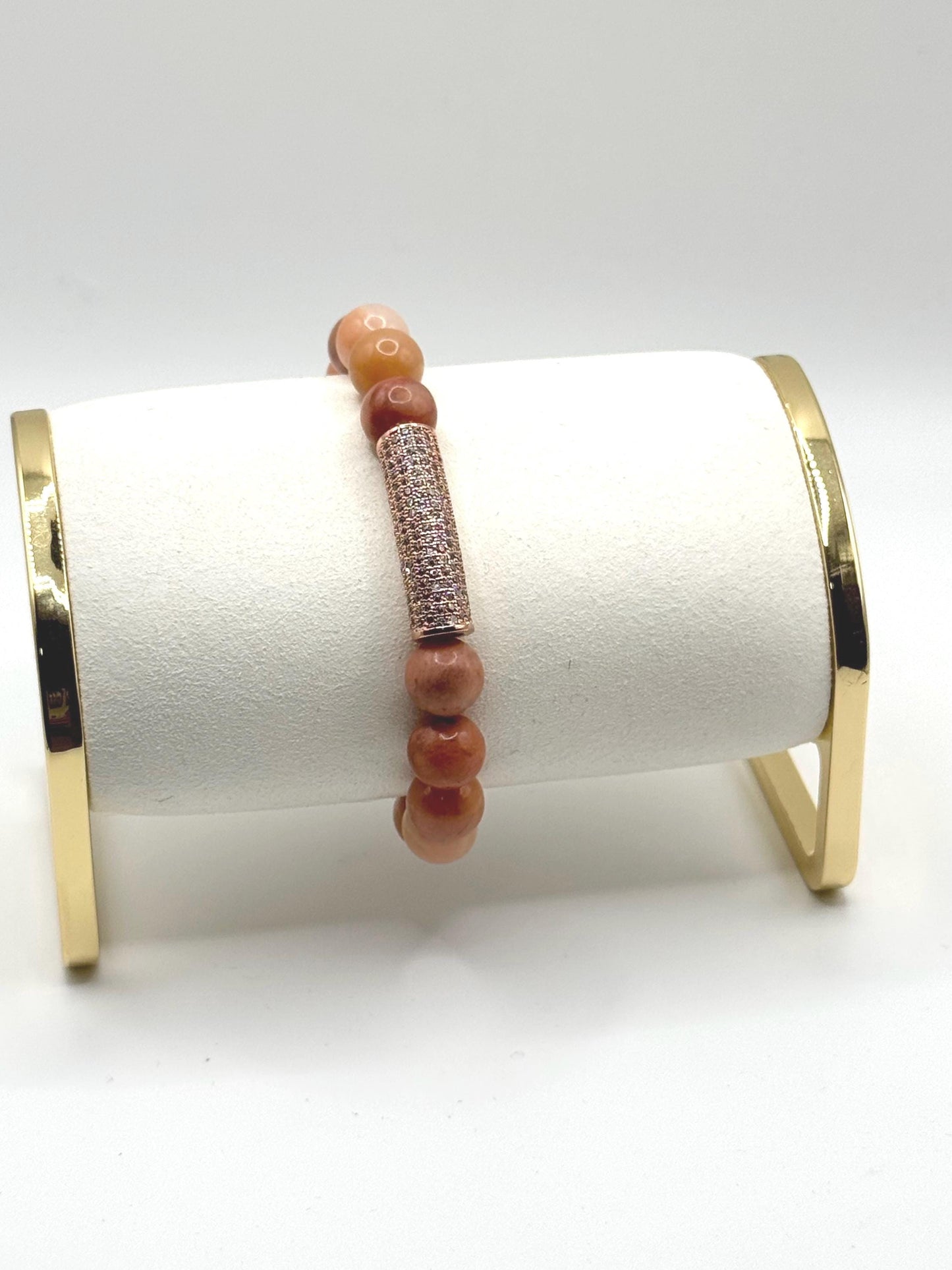 Handmade Coral Beaded Bracelet | Pink Gemstone Stretch Bracelet with Crystal Accent | Boho Jewellery Gift for Her | UK Seller