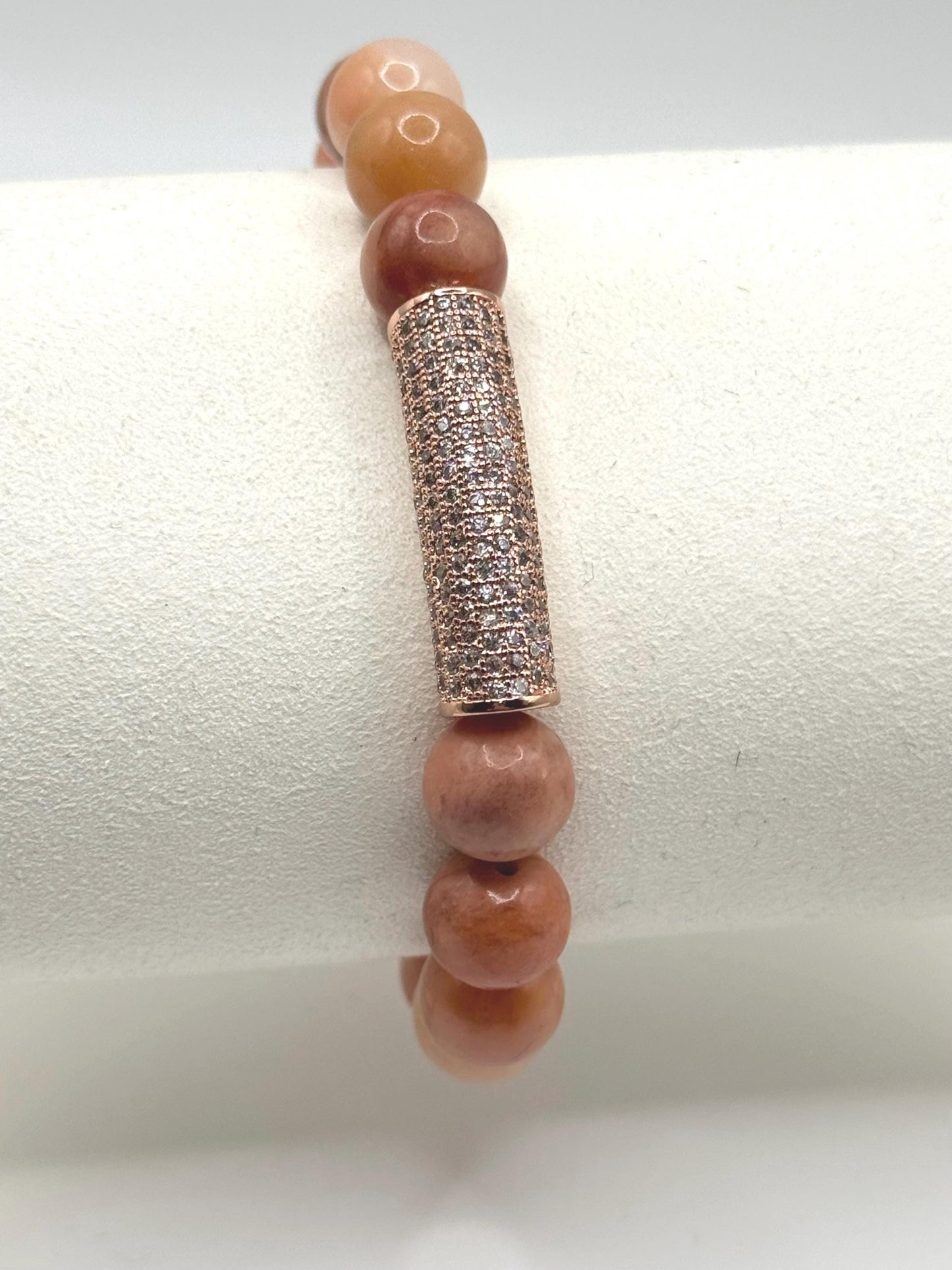 Handmade Coral Beaded Bracelet | Pink Gemstone Stretch Bracelet with Crystal Accent | Boho Jewellery Gift for Her | UK Seller