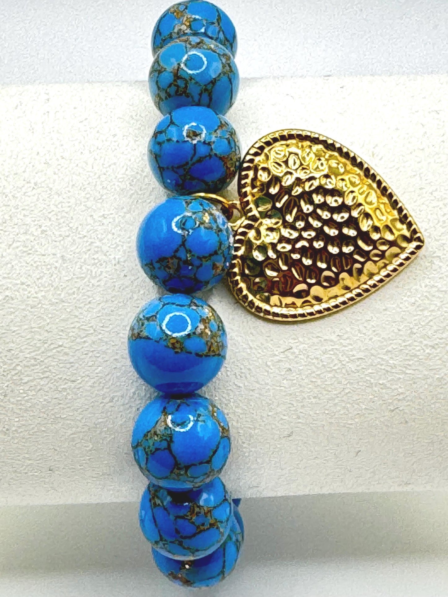 Blue Howlite Beaded Bracelet with Gold Heart Charm – Handmade Stretch Bracelet – Gift for Her