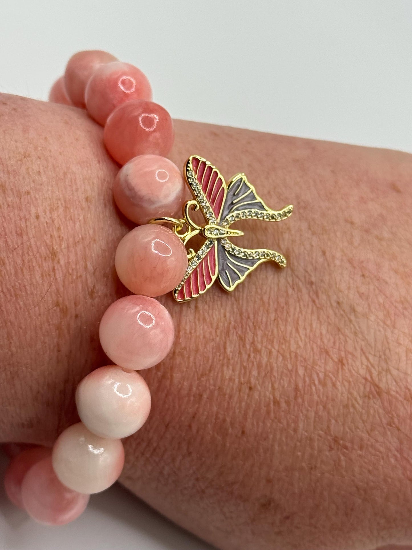 Pink Beaded Bracelet with Butterfly Charm – Handmade Jewellery Gift for Her