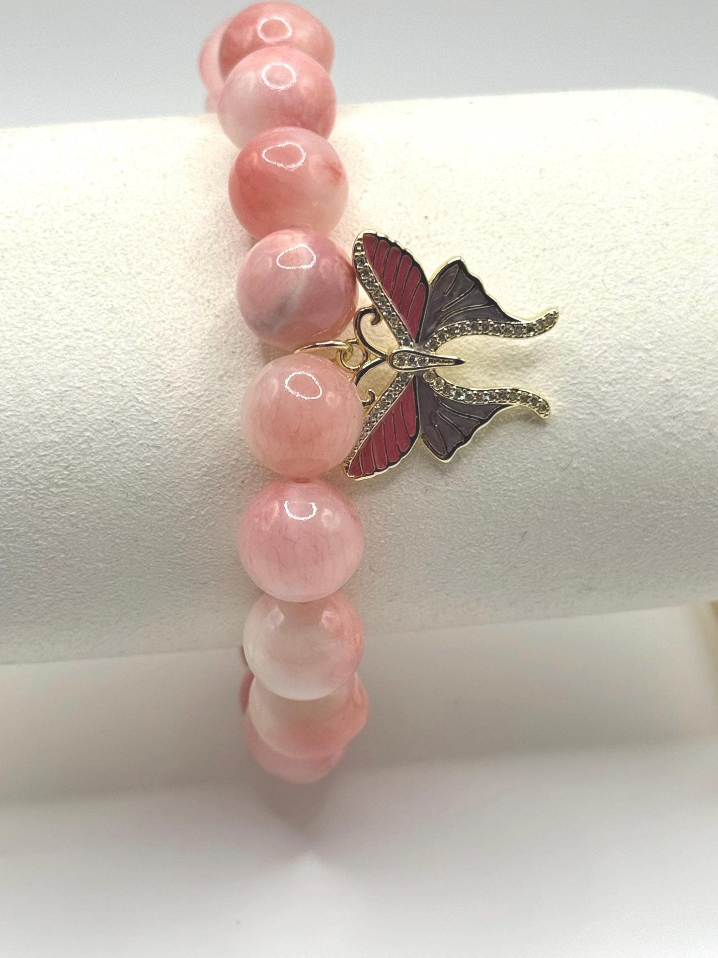 Pink Beaded Bracelet with Butterfly Charm – Handmade Jewellery Gift for Her