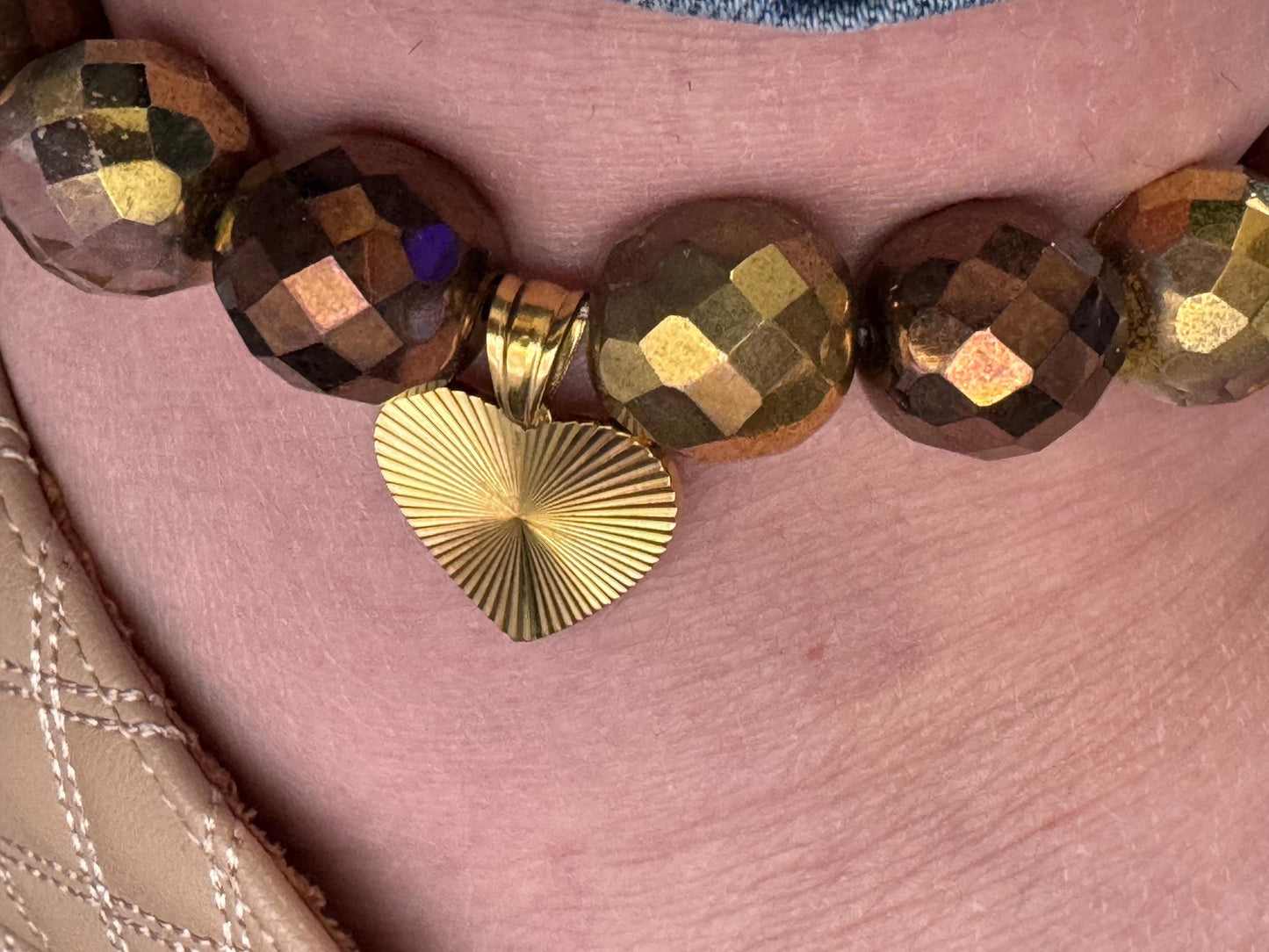 Gold Beaded Anklet with Heart Charm – Bronze Crystal Stretch Anklet for Women, Handmade Foot Jewellery Gift