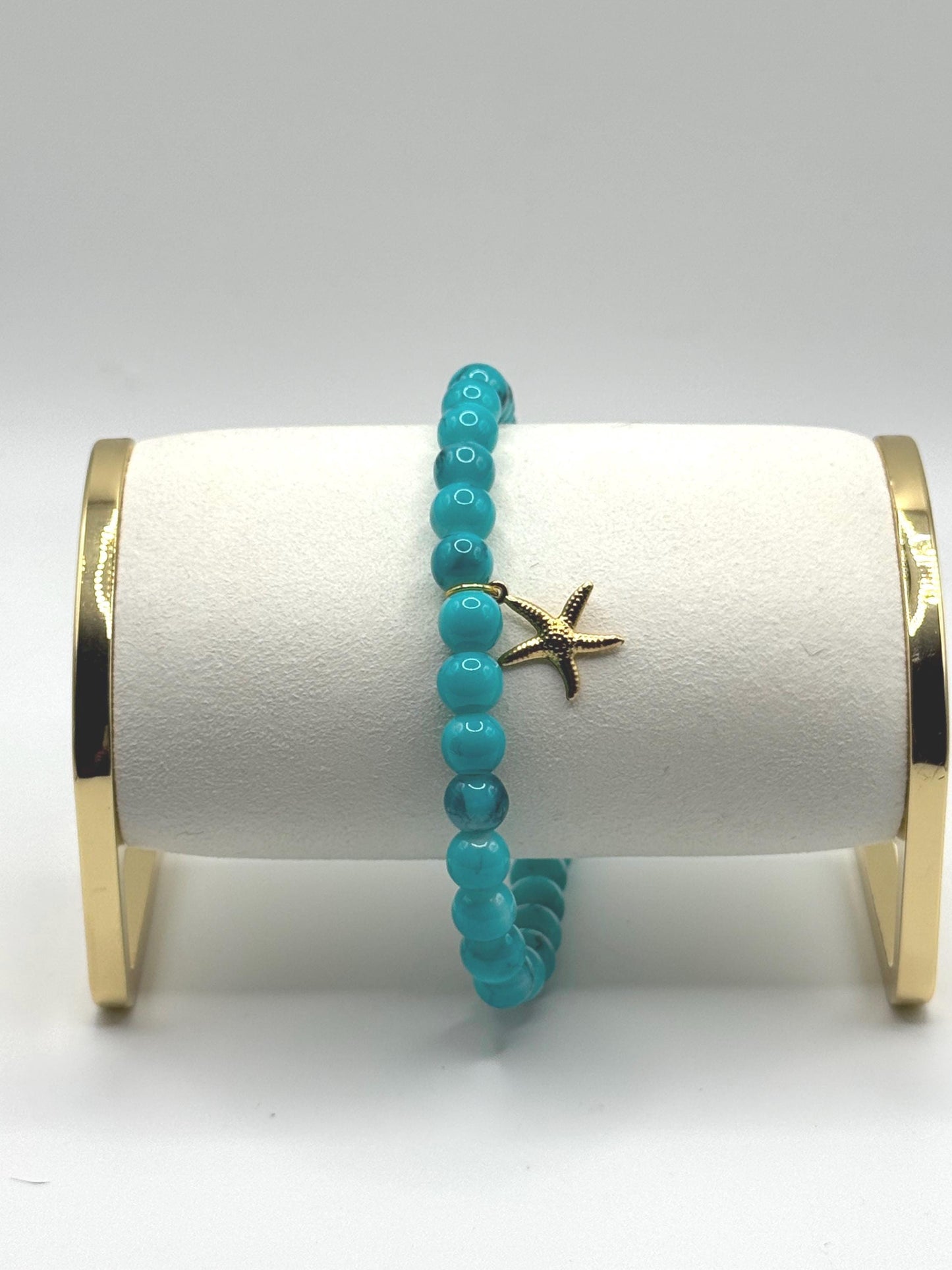 Turquoise Beaded Anklet with Gold Starfish Charm – Boho Beach Jewelry, Summer Anklet for Women