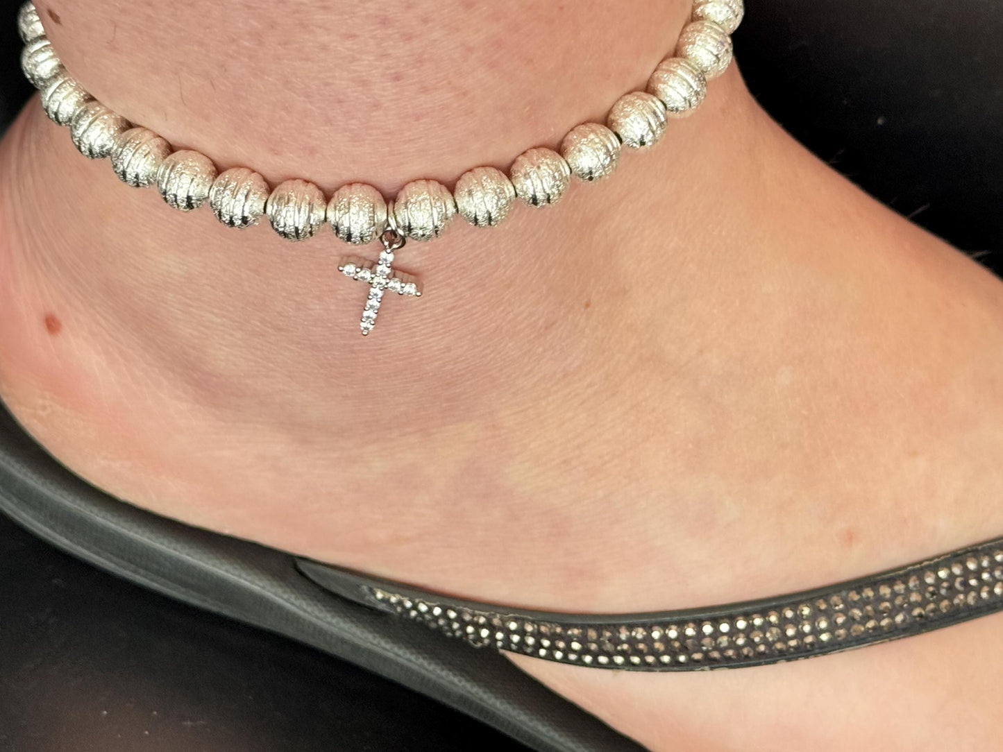 Silver Beaded Anklet with Rhinestone Cross Charm, Religious Ankle Bracelet, Christian Jewellery, Sparkly Summer Footwear Accessory
