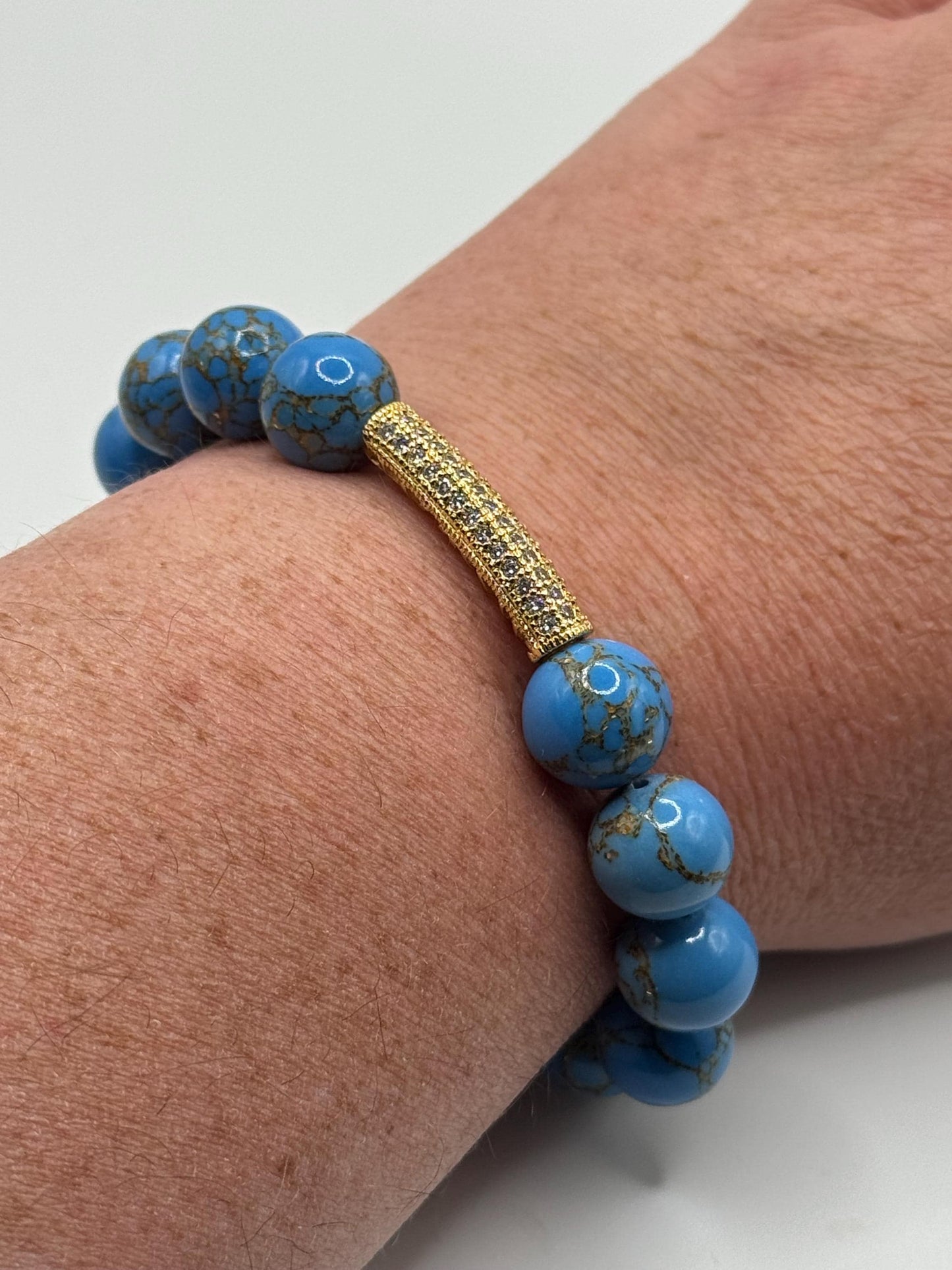 Blue Beaded Bracelet with Gold Rhinestone Bar | Handmade Stretch Bracelet | Blue Gemstone Jewelry | Gift for Her