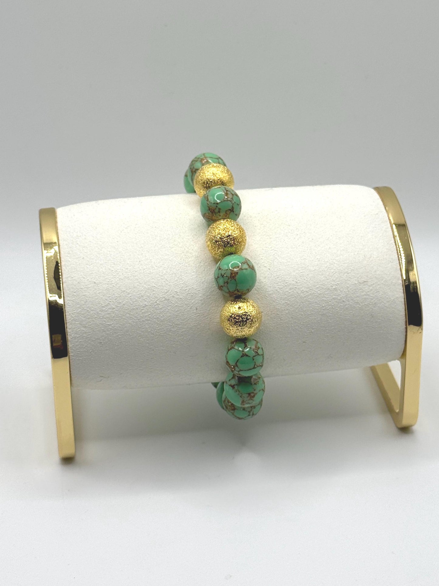 Green And Gold Beaded Bracelet with Gold Textured Beads | Handmade Stretch Bracelet | Boho Jewellery Gift for Her