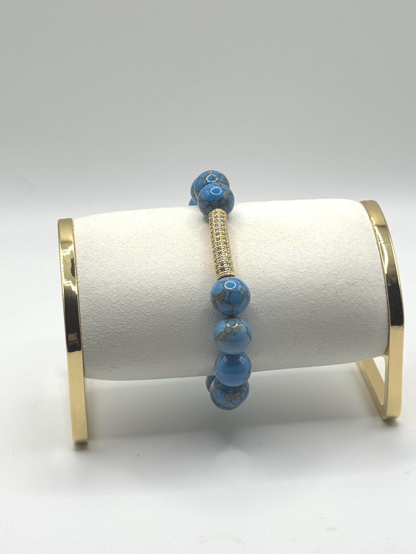 Blue Beaded Bracelet with Gold Rhinestone Bar | Handmade Stretch Bracelet | Blue Gemstone Jewelry | Gift for Her