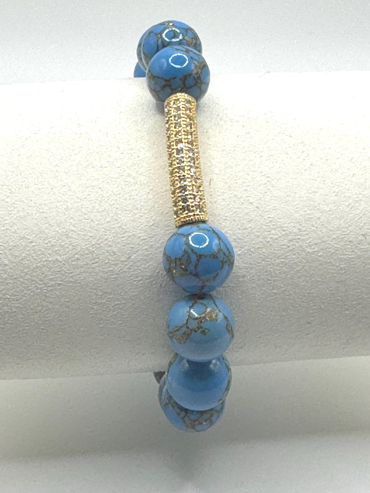 Blue Beaded Bracelet with Gold Rhinestone Bar | Handmade Stretch Bracelet | Blue Gemstone Jewelry | Gift for Her