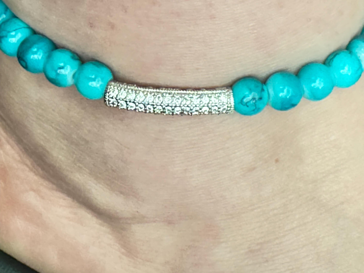 Turquoise Beaded Anklet with Crystal Bar | Summer Beach Jewelry | Stretch Anklet for Women | Boho Style Foot Bracelet