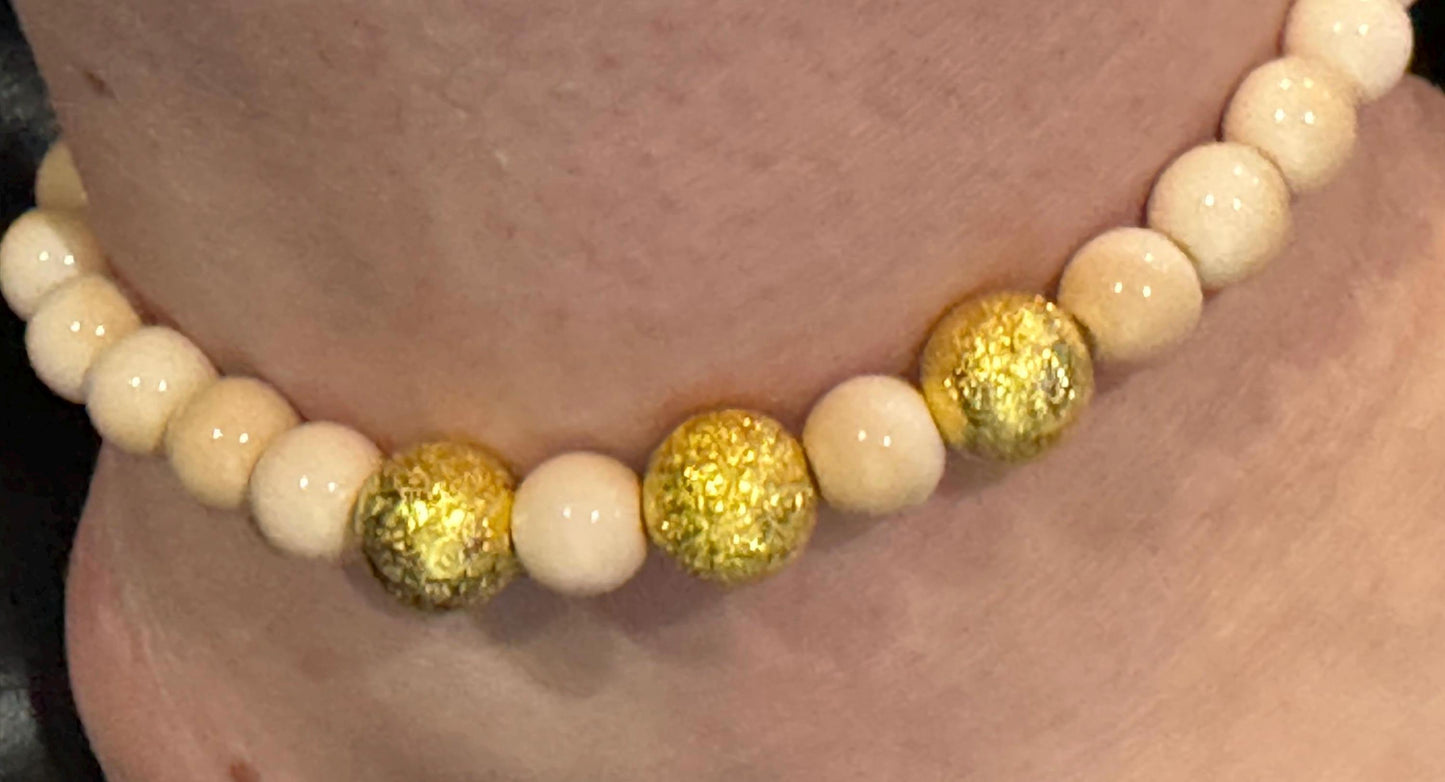 Handmade Beaded Anklet with Gold Accent Beads – Natural Creamy White Beads – Boho Minimalist Jewellery for Women