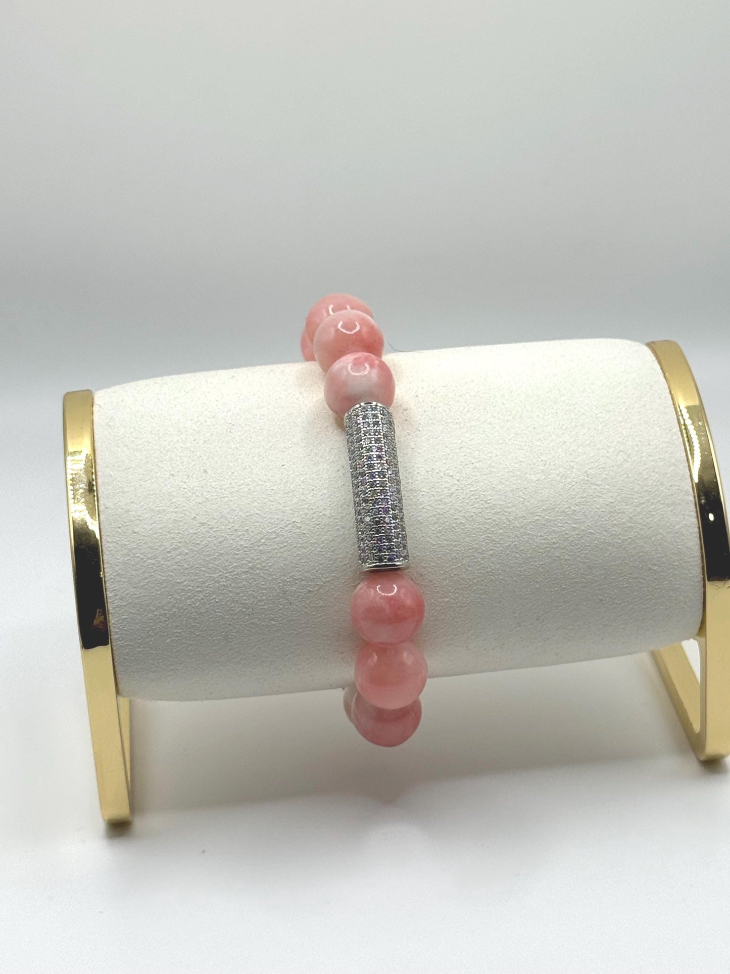 Luxury Pink Rhodochrosite Bracelet with Pave CZ Accent – Elegant Gemstone Jewelry for Women – High-End Beaded Stretch Bracelet Gift