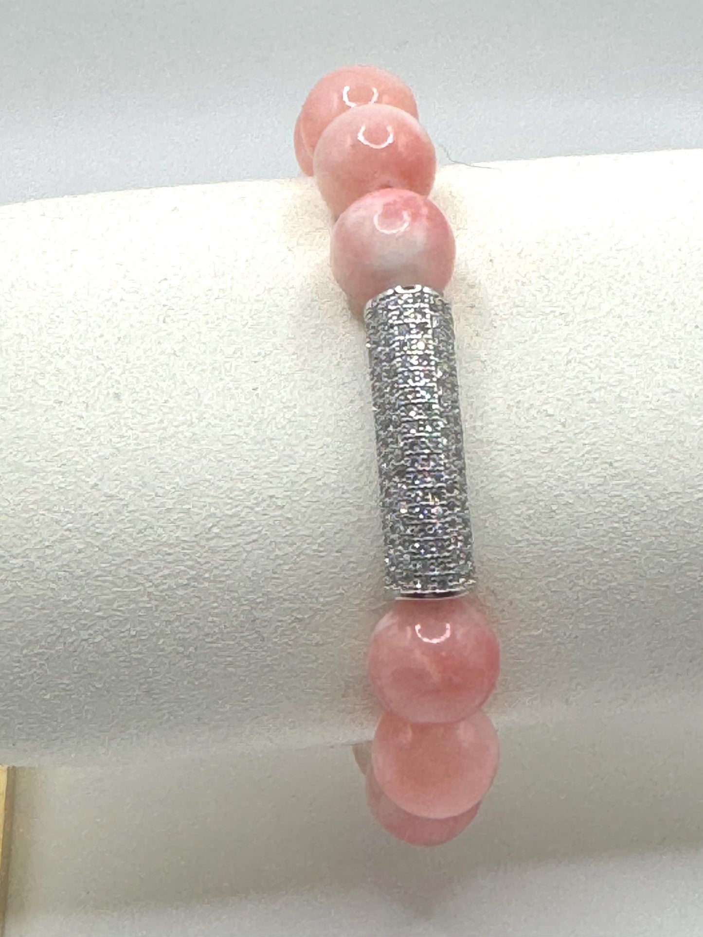 Luxury Pink Rhodochrosite Bracelet with Pave CZ Accent – Elegant Gemstone Jewelry for Women – High-End Beaded Stretch Bracelet Gift