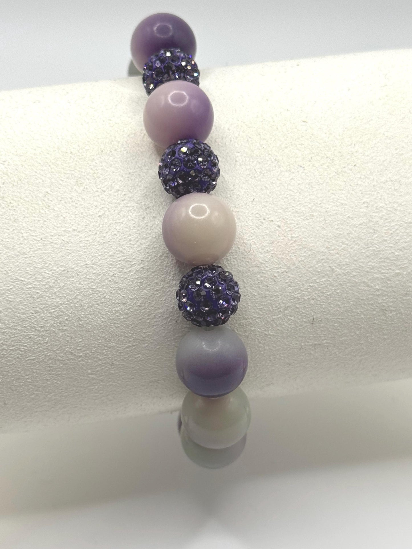 Purple and White Beaded Bracelet | Handmade Stretch Bracelet with Sparkle Crystal Beads | Gift for Her | UK Jewellery