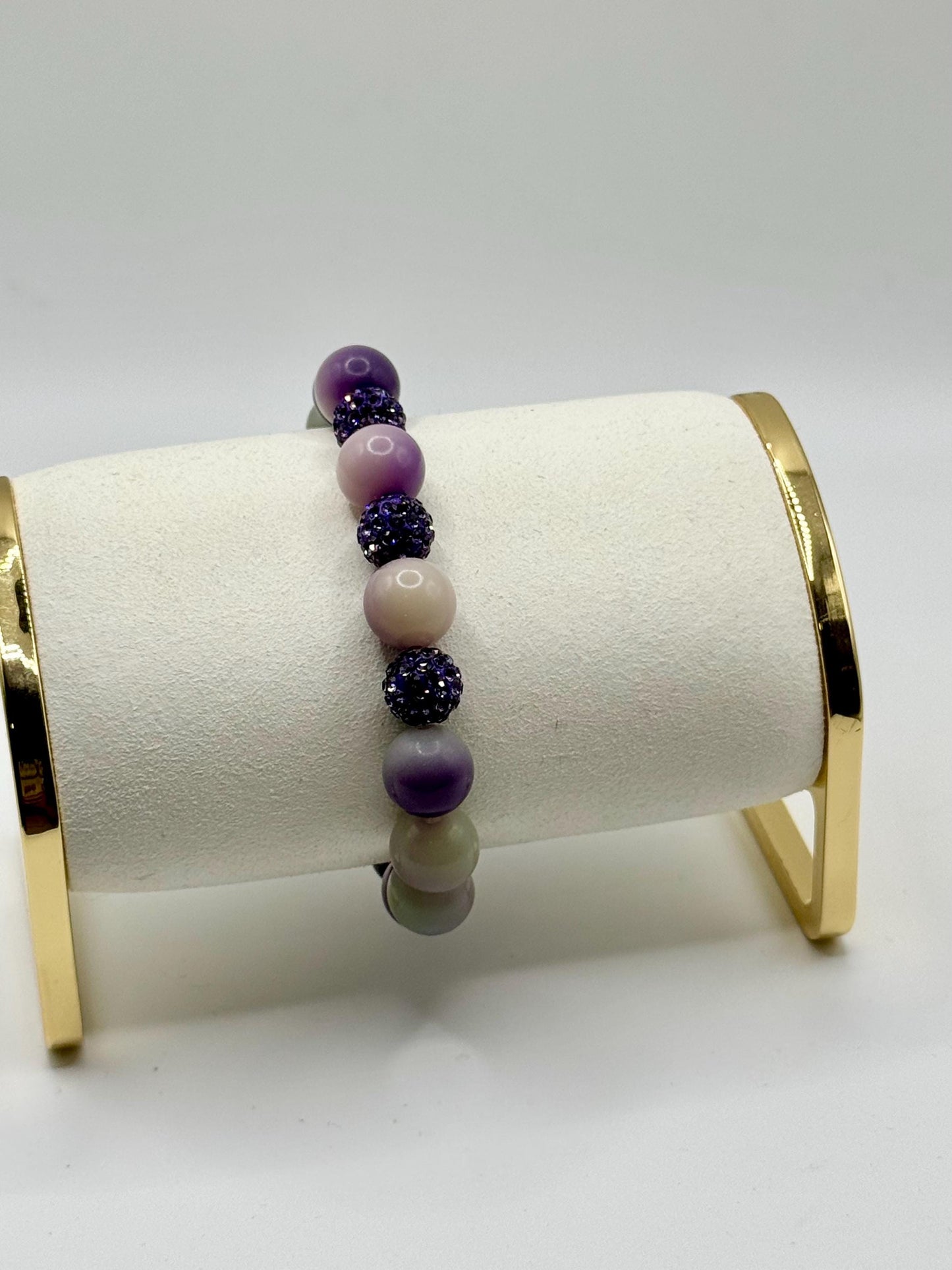 Purple and White Beaded Bracelet | Handmade Stretch Bracelet with Sparkle Crystal Beads | Gift for Her | UK Jewellery