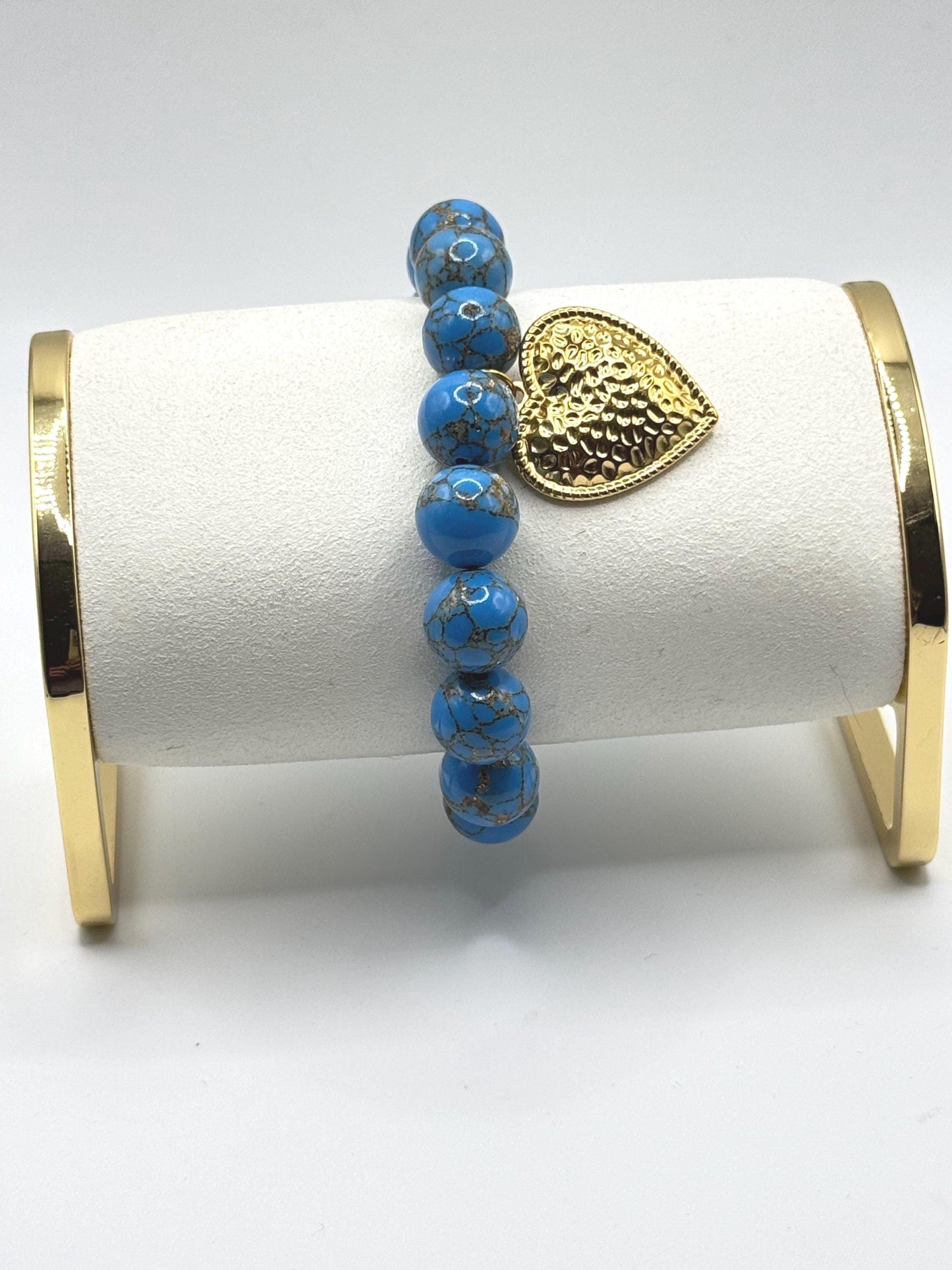 Blue Howlite Beaded Bracelet with Gold Heart Charm – Handmade Stretch Bracelet – Gift for Her