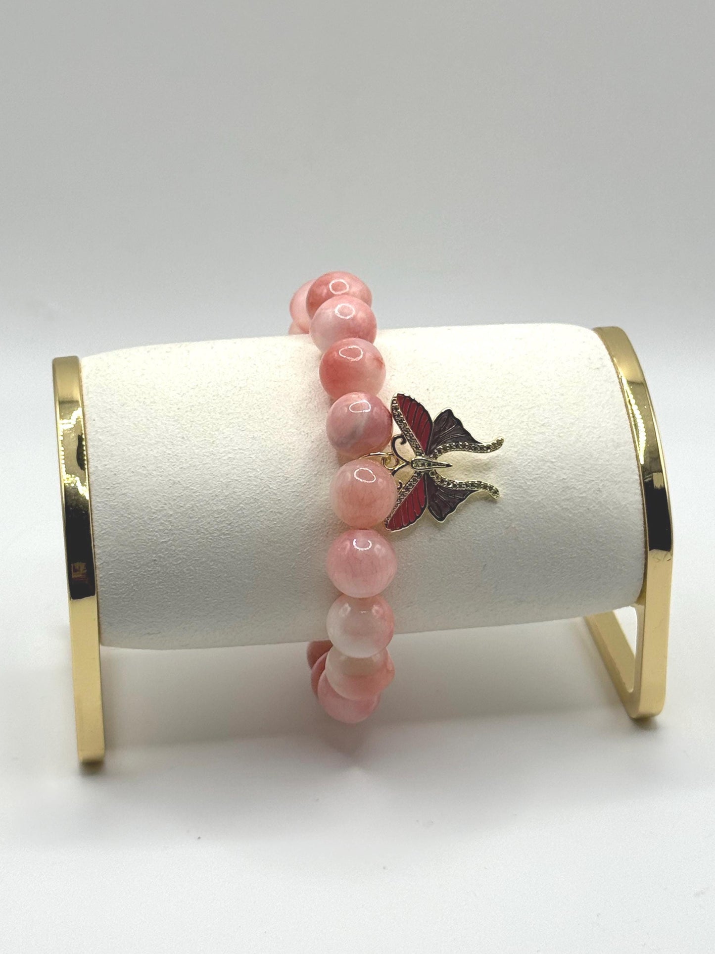 Pink Beaded Bracelet with Butterfly Charm – Handmade Jewellery Gift for Her