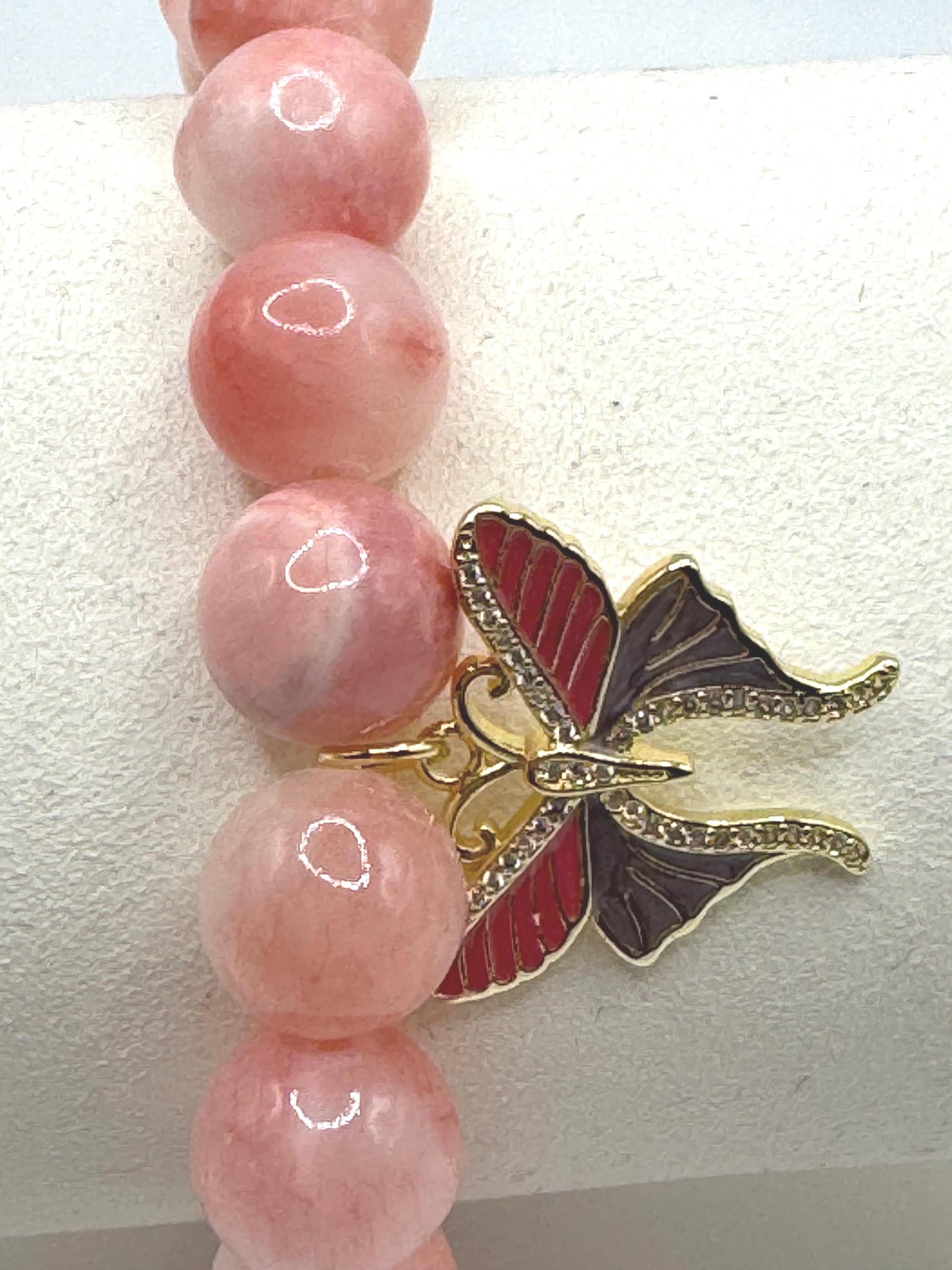 Pink Beaded Bracelet with Butterfly Charm – Handmade Jewellery Gift for Her