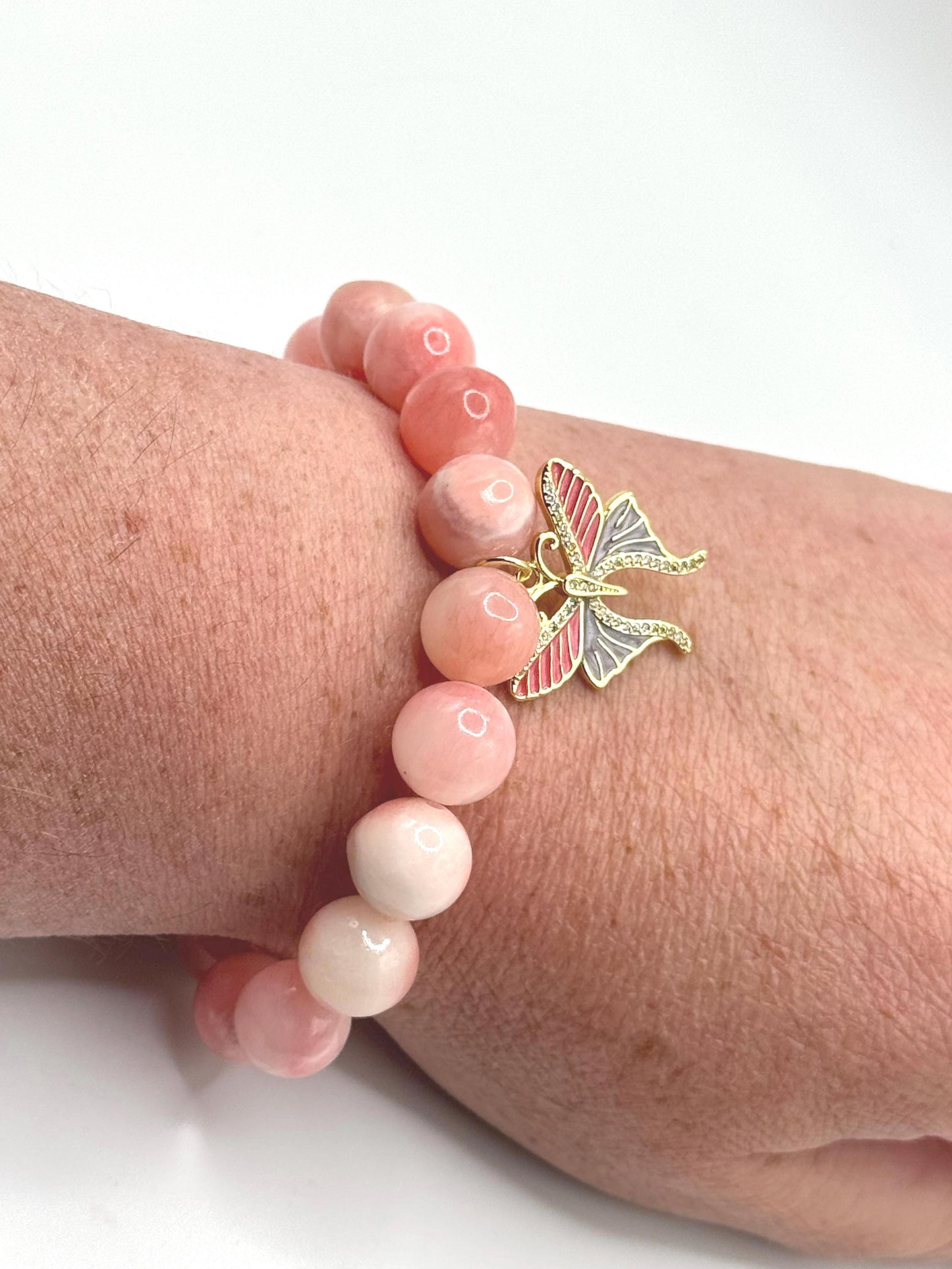 Pink Beaded Bracelet with Butterfly Charm – Handmade Jewellery Gift for Her