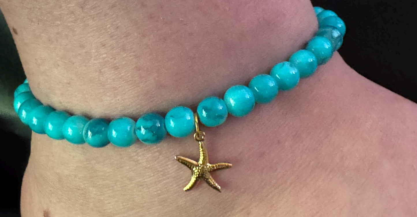 Turquoise Beaded Anklet with Gold Starfish Charm – Boho Beach Jewelry, Summer Anklet for Women