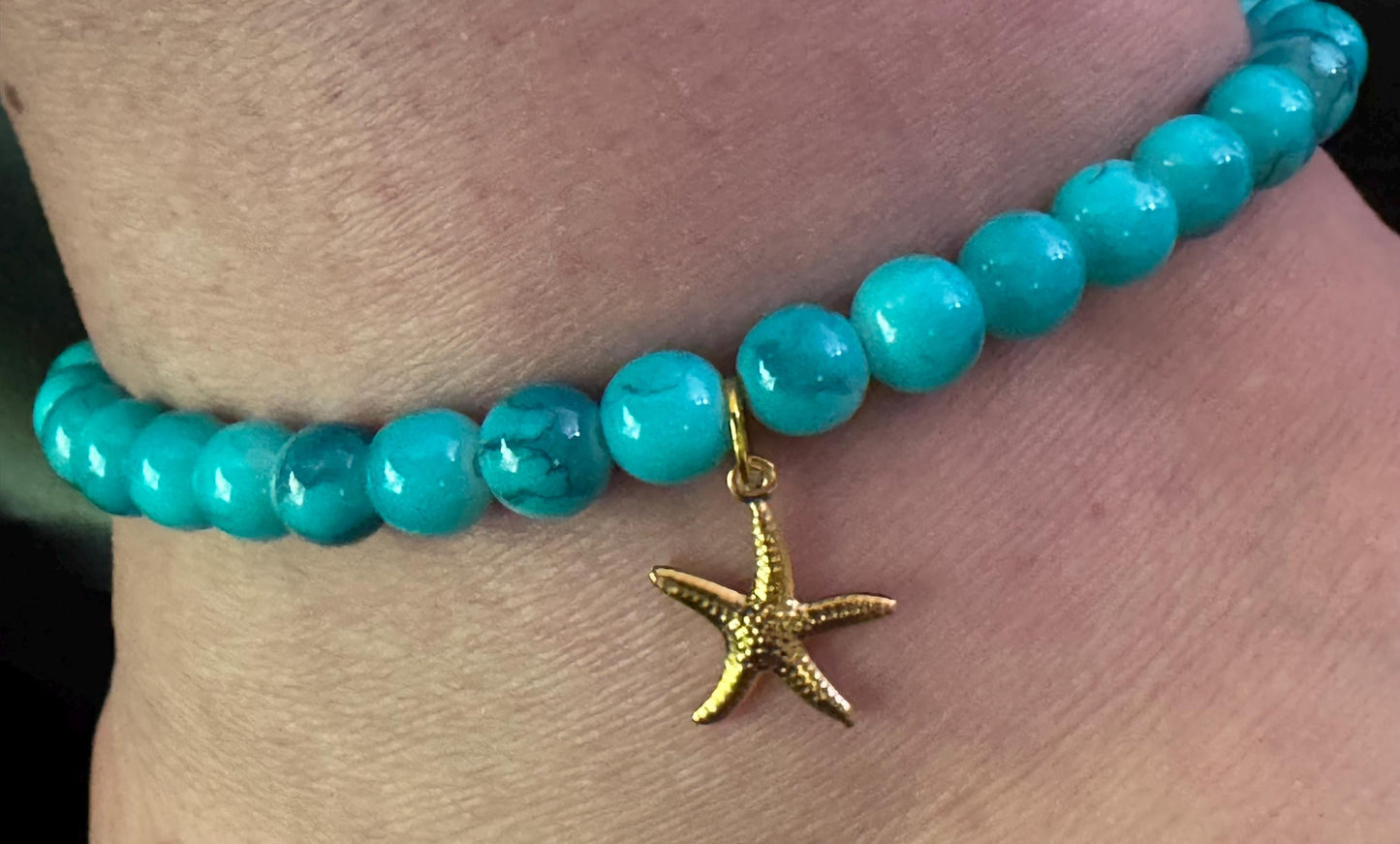 Turquoise Beaded Anklet with Gold Starfish Charm – Boho Beach Jewelry, Summer Anklet for Women