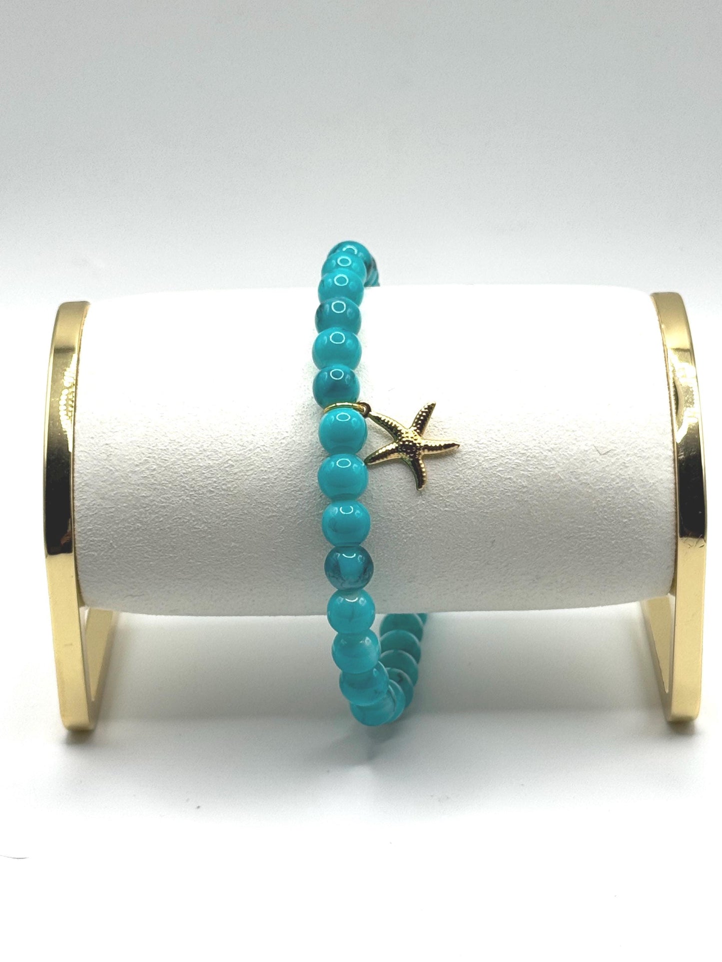 Turquoise Beaded Anklet with Gold Starfish Charm – Boho Beach Jewelry, Summer Anklet for Women