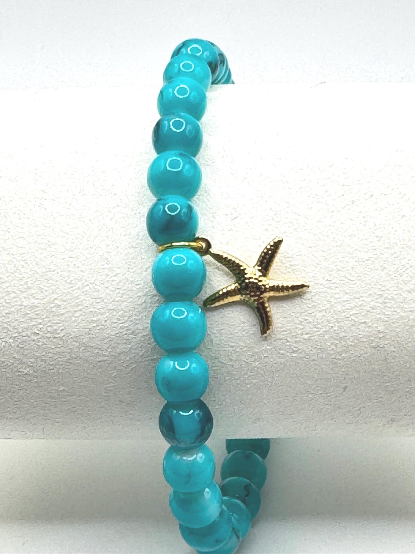 Turquoise Beaded Anklet with Gold Starfish Charm – Boho Beach Jewelry, Summer Anklet for Women
